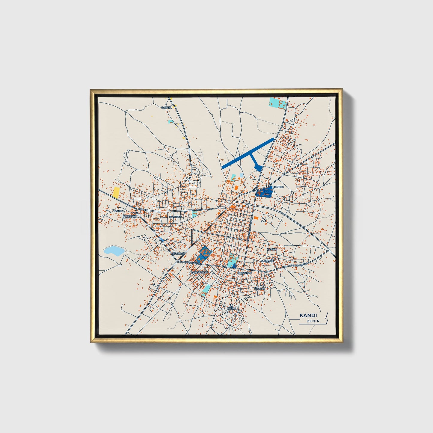 Kandi Benin Colorful City Map Canvas Print • Gold Framed