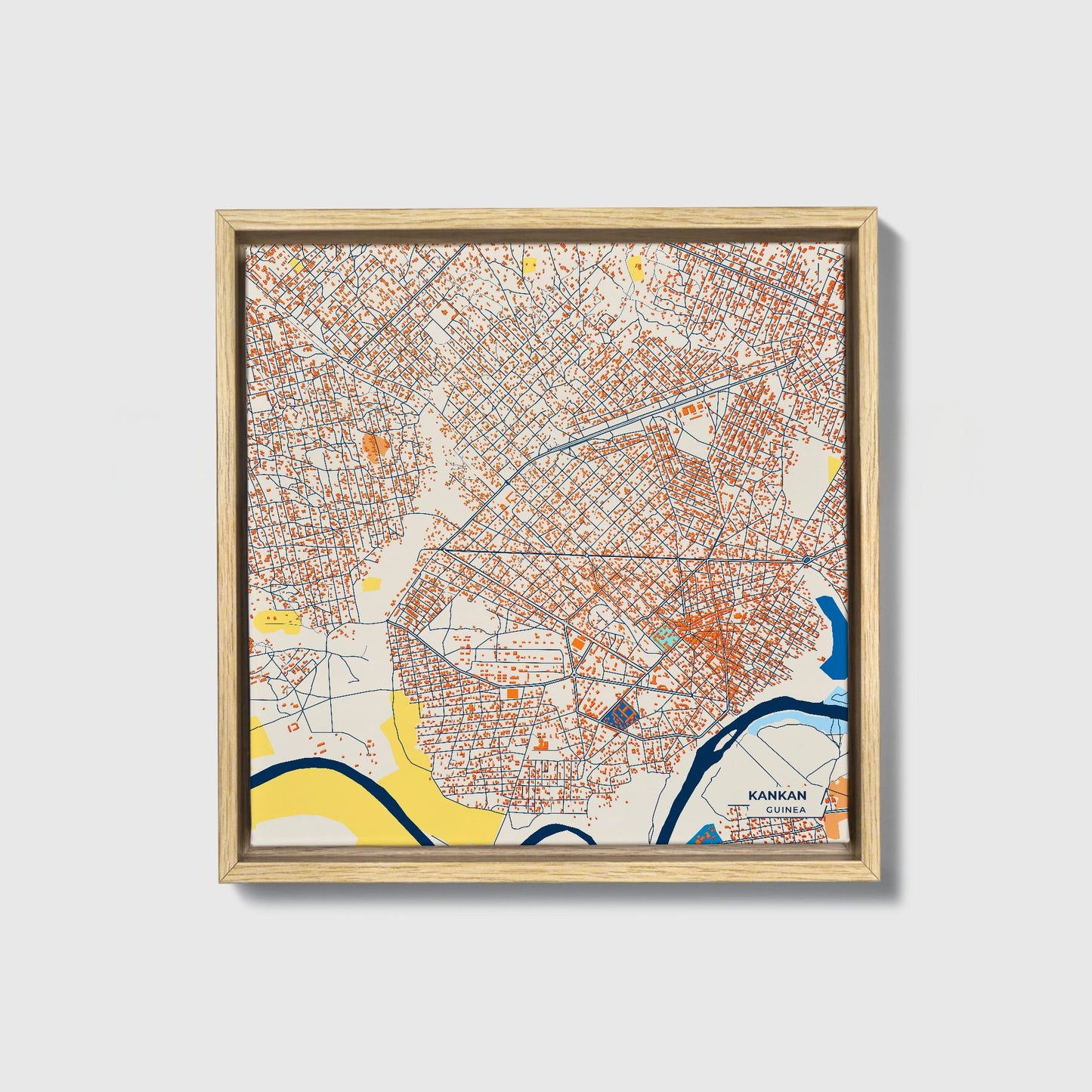 Kankan Guinea Colorful City Map Canvas Print • Natural Wooden Framed