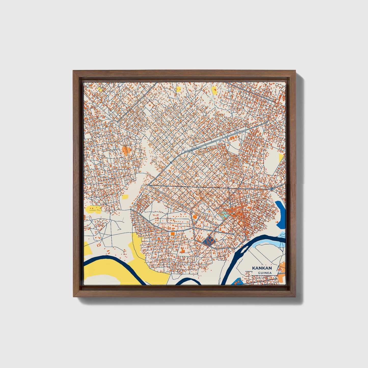 Kankan Guinea Colorful City Map Canvas Print • Dark Wooden Framed