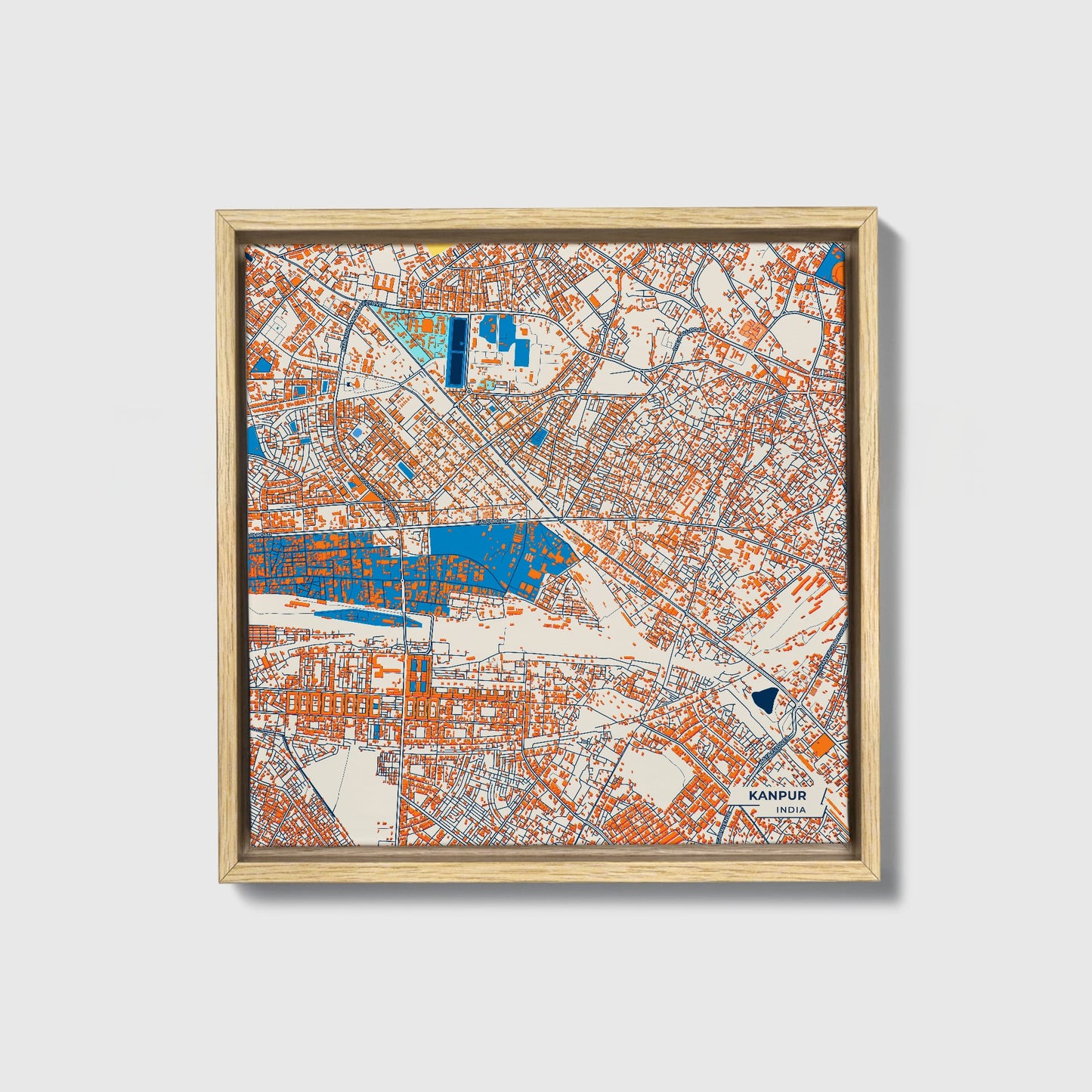 Kanpur India Colorful City Map Canvas Print • Natural Wooden Framed