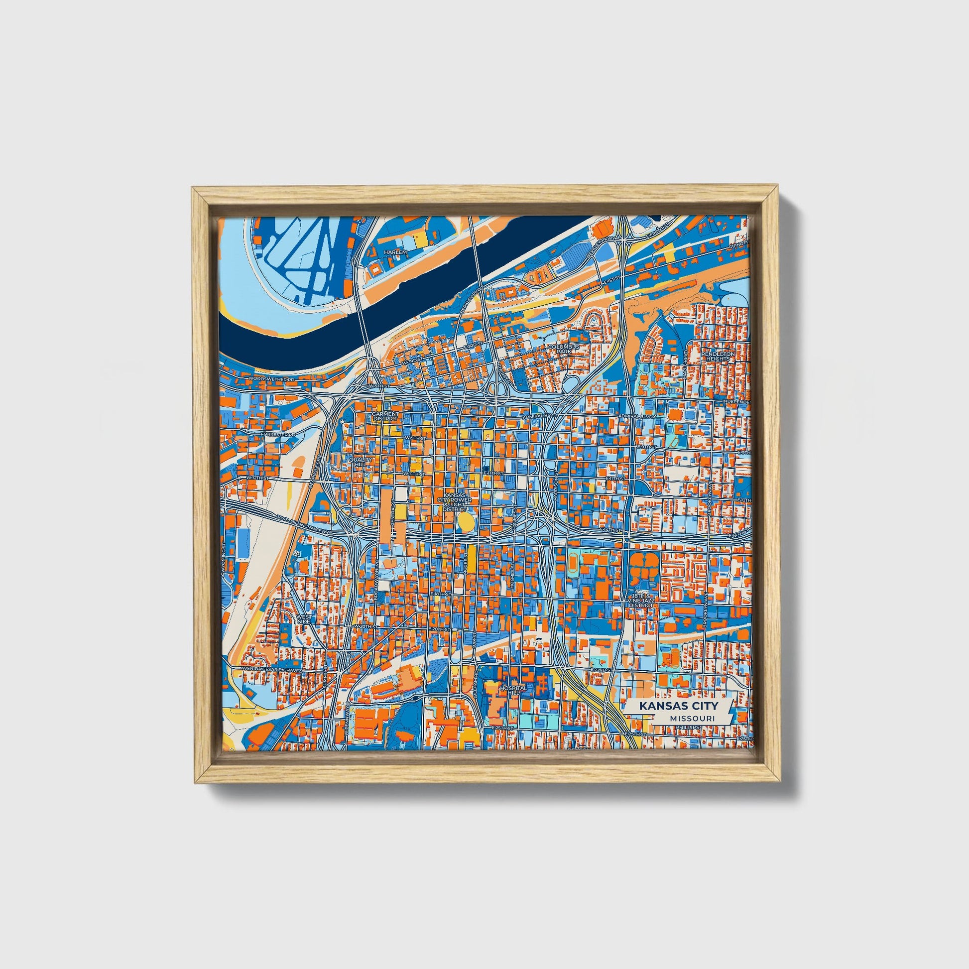 Kansas City Missouri Colorful City Map Canvas Print • Natural Wooden Framed