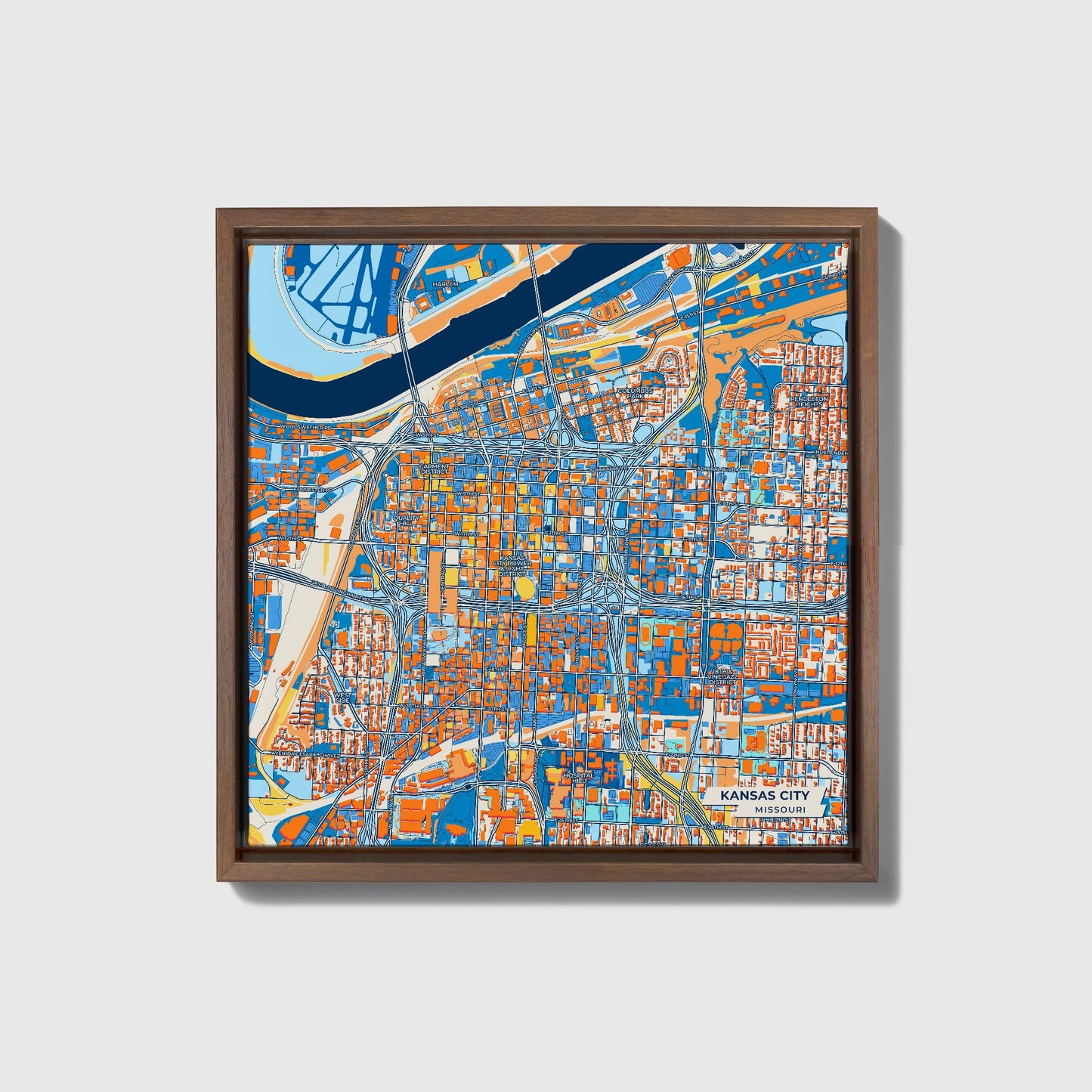 Kansas City Missouri Colorful City Map Canvas Print • Dark Wooden Framed