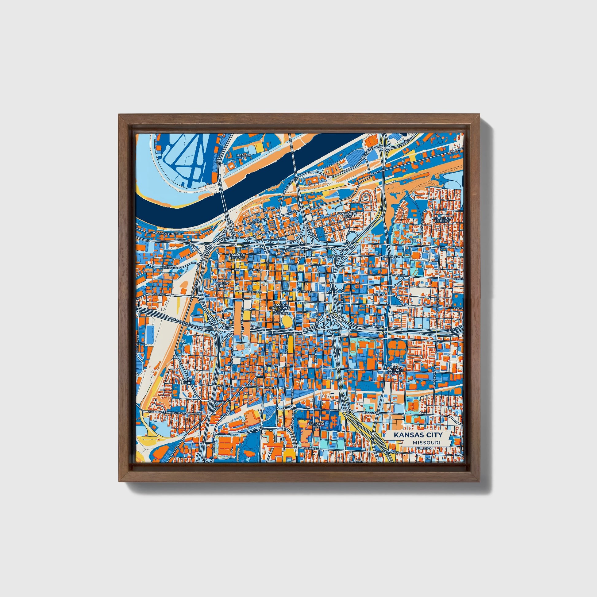 Kansas City Missouri Colorful City Map Canvas Print • Dark Wooden Framed