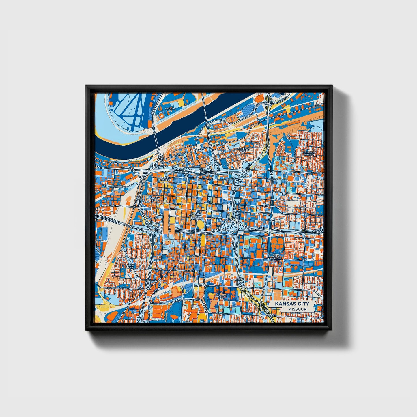 Kansas City Missouri Colorful City Map Canvas Print • Black Framed