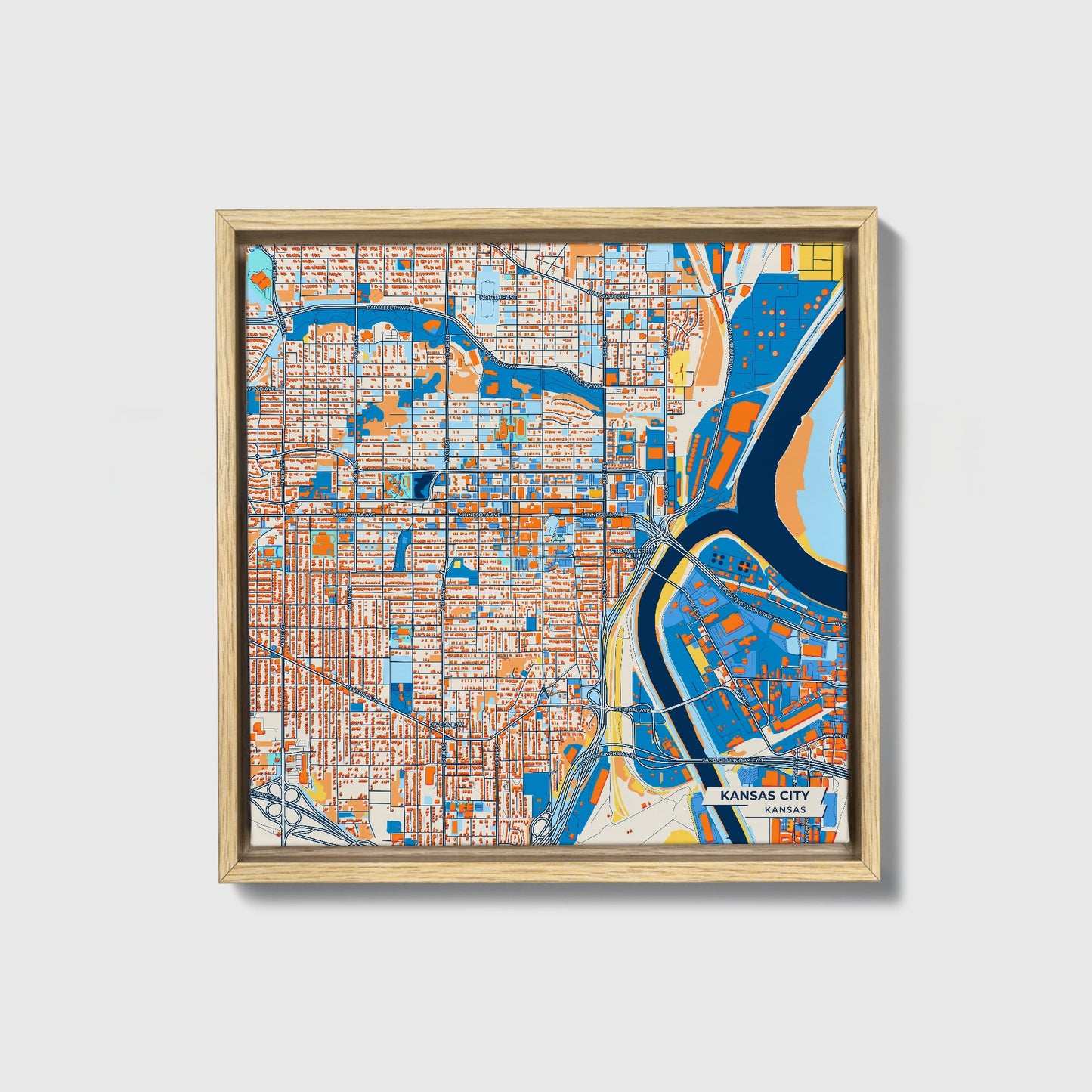 Kansas City Kansas Colorful City Map Canvas Print • Natural Wooden Framed