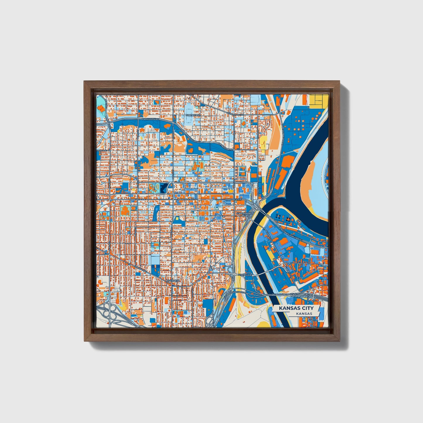 Kansas City Kansas Colorful City Map Canvas Print • Dark Wooden Framed
