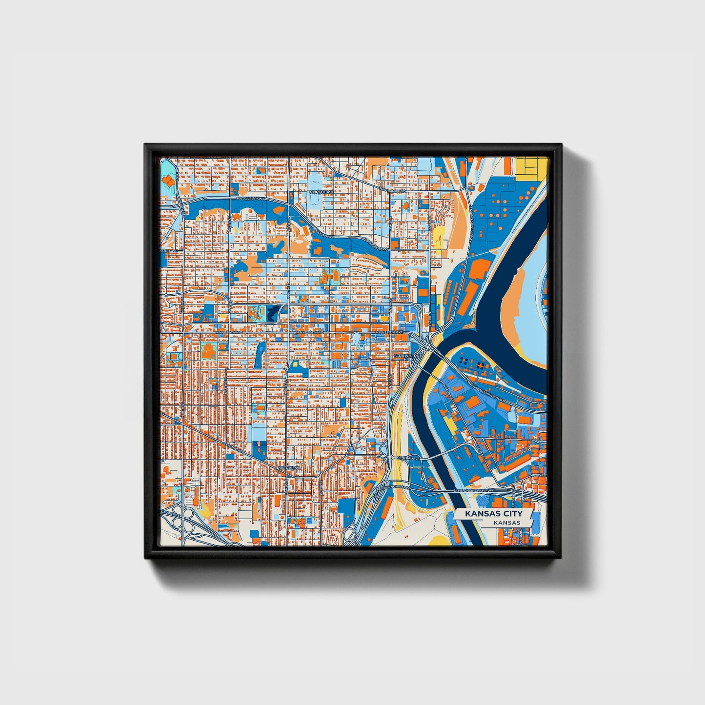 Kansas City Kansas Colorful City Map Canvas Print • Black Framed