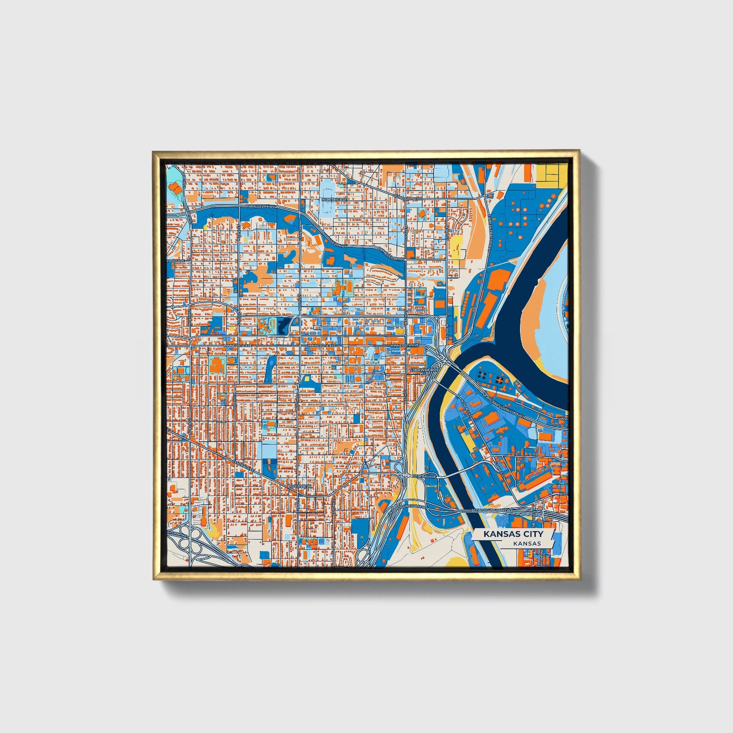 Kansas City Kansas Colorful City Map Canvas Print • Gold Framed