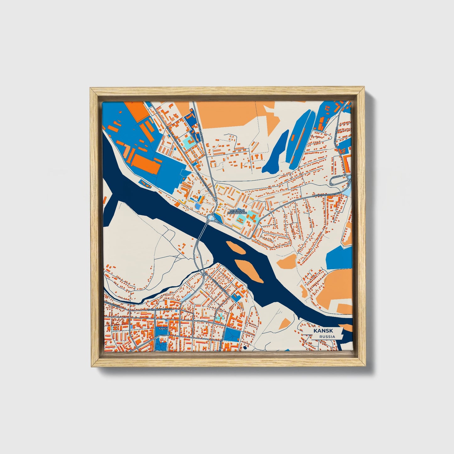 Канск Russia Colorful City Map Canvas Print • Natural Wooden Framed