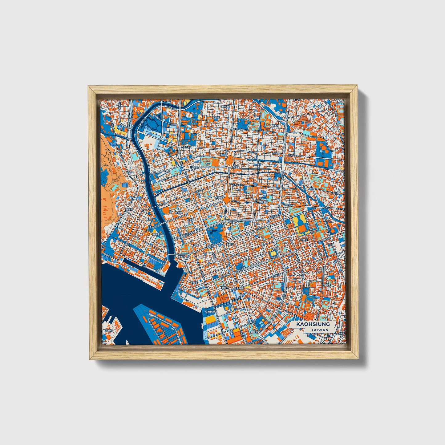 Kaohsiung Taiwan Colorful City Map Canvas Print • Natural Wooden Framed
