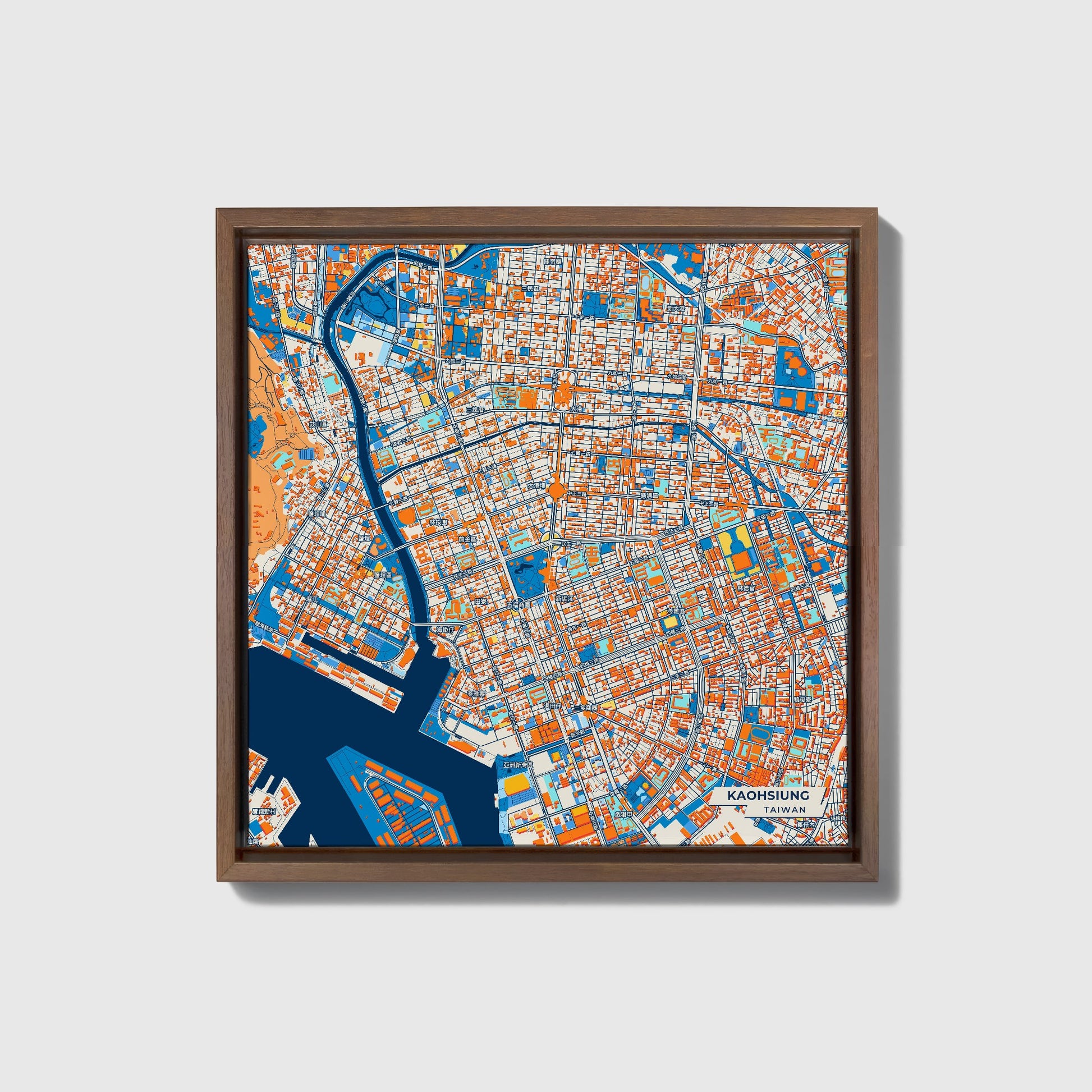 Kaohsiung Taiwan Colorful City Map Canvas Print • Dark Wooden Framed