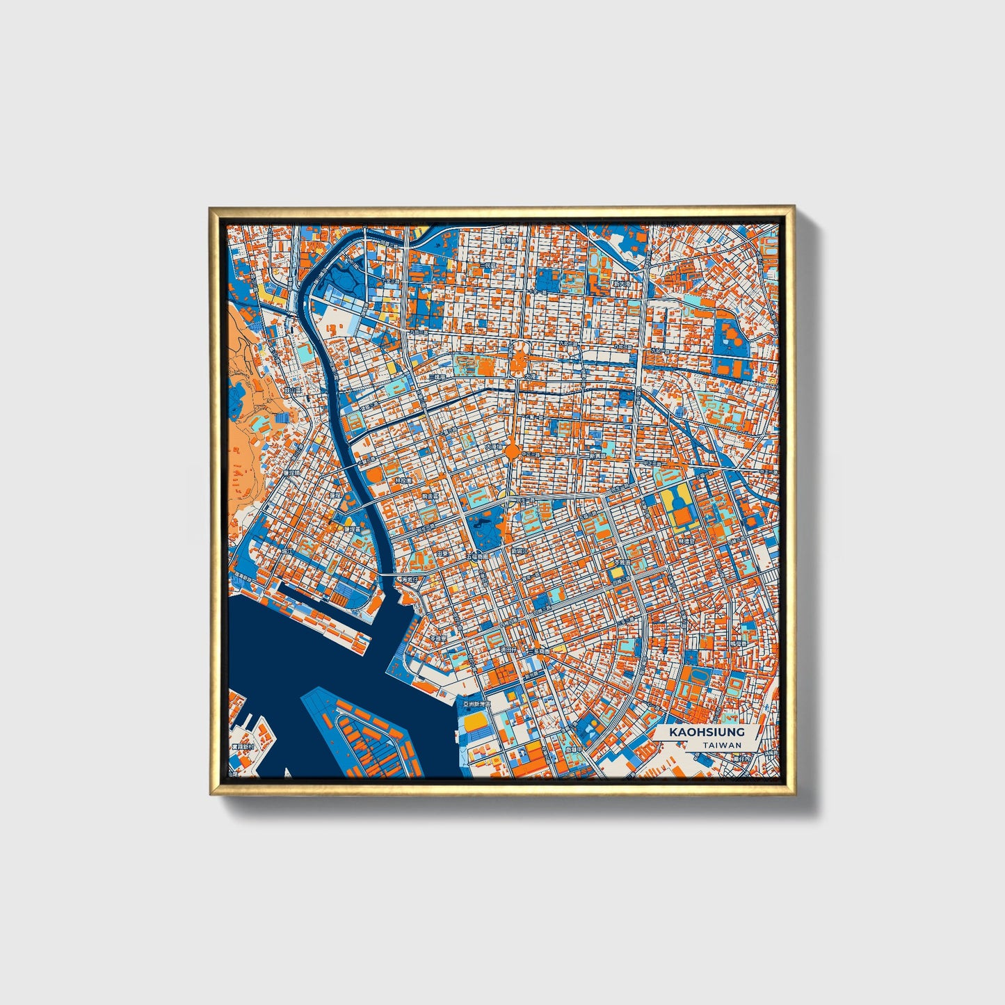 Kaohsiung Taiwan Colorful City Map Canvas Print • Gold Framed