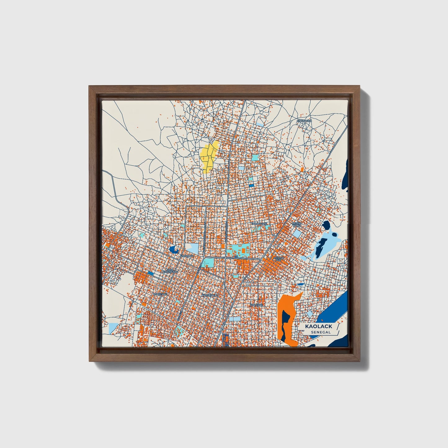 Kaolack Senegal Colorful City Map Canvas Print • Dark Wooden Framed