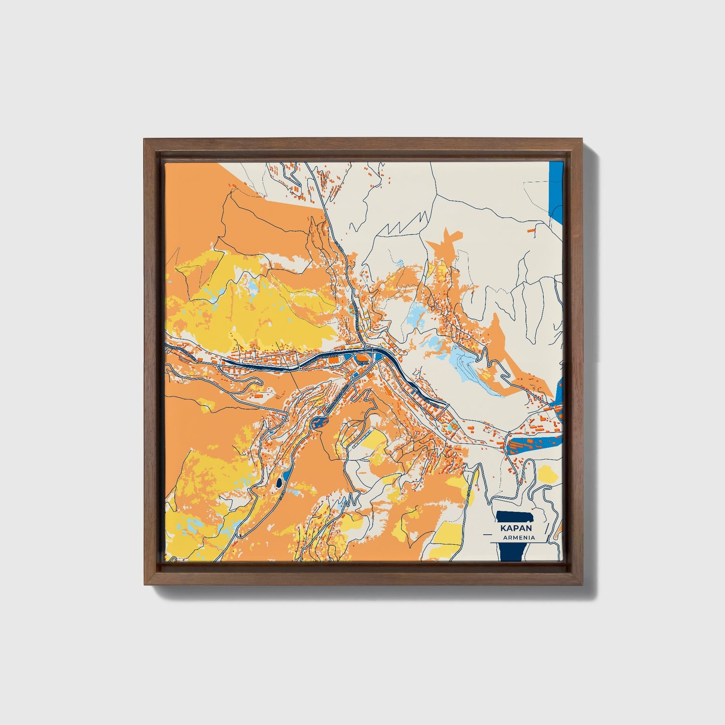 Kapan Armenia Colorful City Map Canvas Print • Dark Wooden Framed