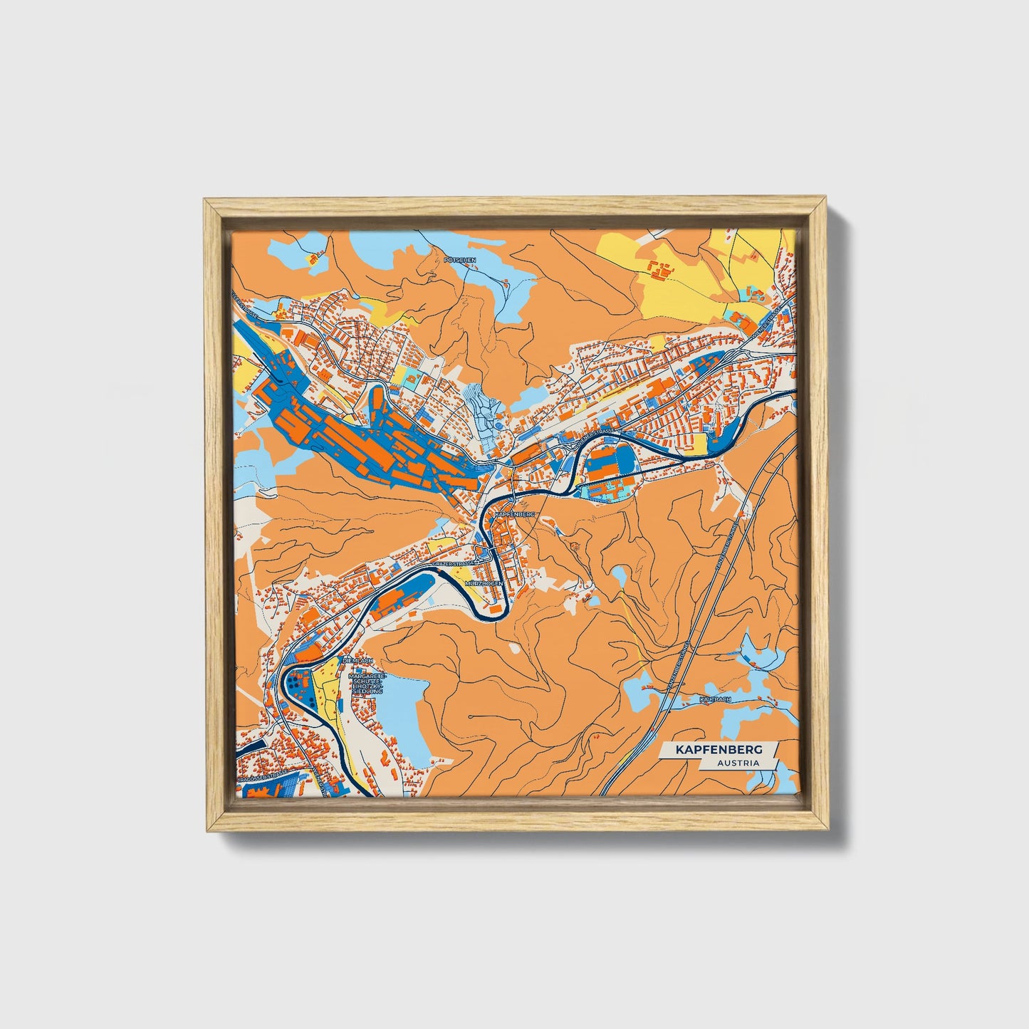 Kapfenberg Austria Colorful City Map Canvas Print • Natural Wooden Framed