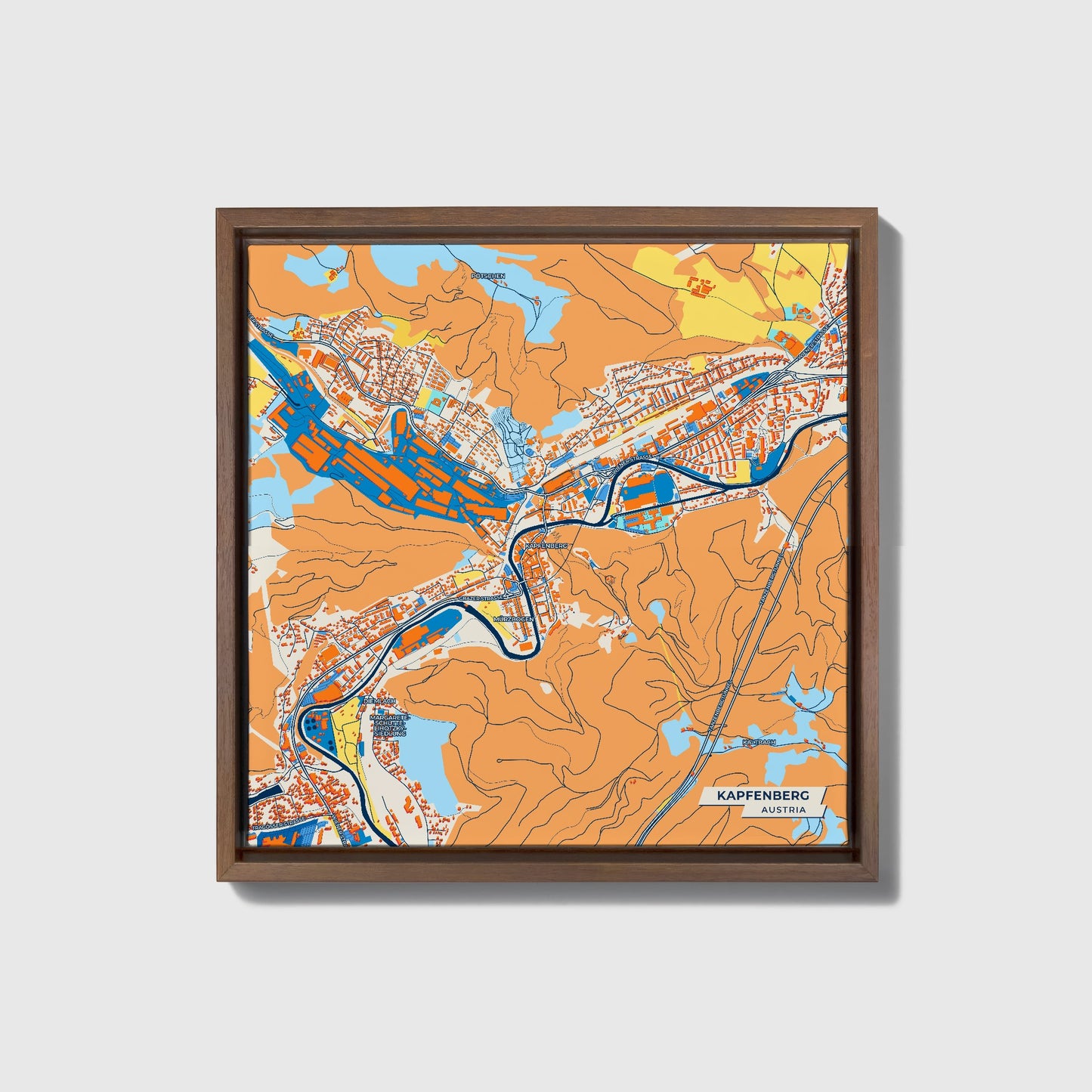Kapfenberg Austria Colorful City Map Canvas Print • Dark Wooden Framed