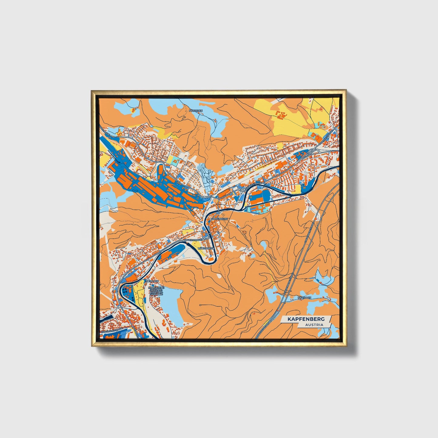 Kapfenberg Austria Colorful City Map Canvas Print • Gold Framed