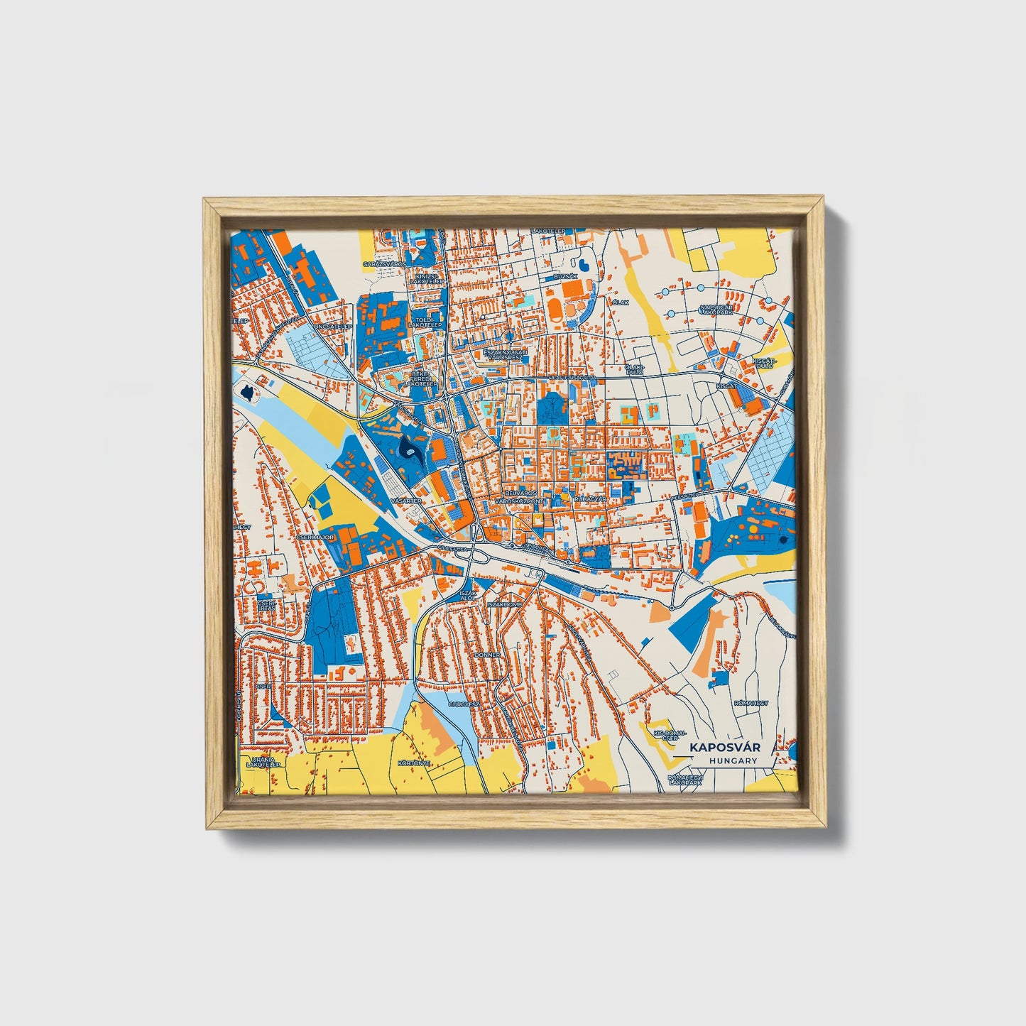 Kaposvár Hungary Colorful City Map Canvas Print • Natural Wooden Framed
