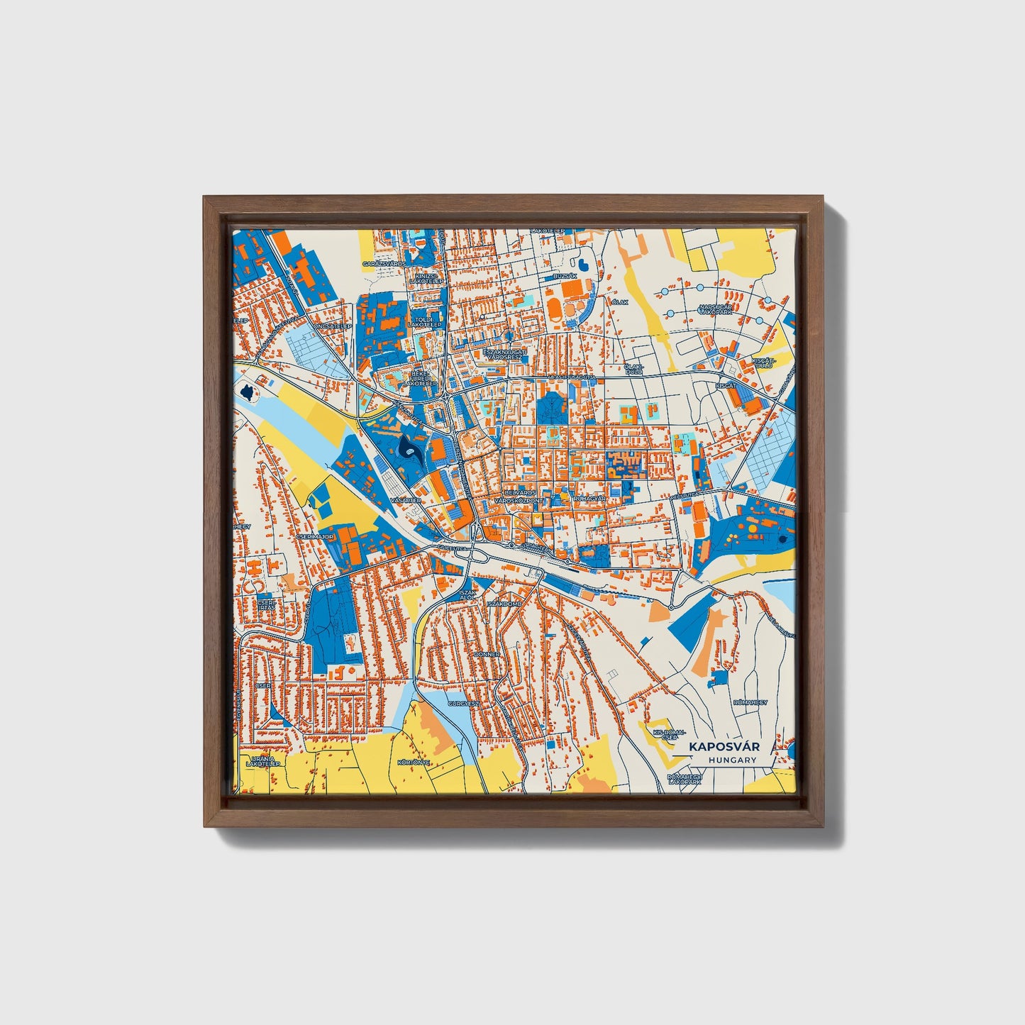 Kaposvár Hungary Colorful City Map Canvas Print • Dark Wooden Framed