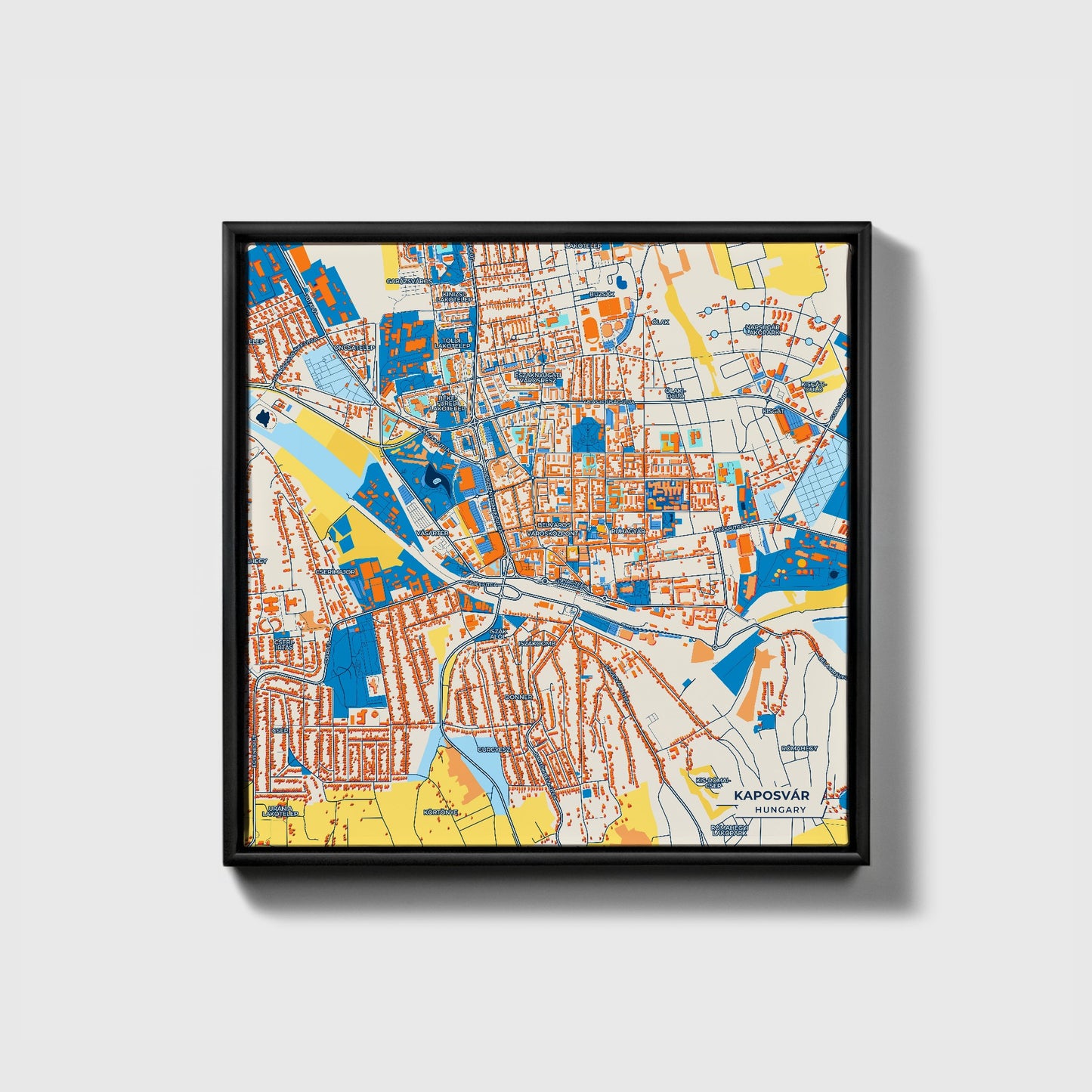 Kaposvár Hungary Colorful City Map Canvas Print • Black Framed