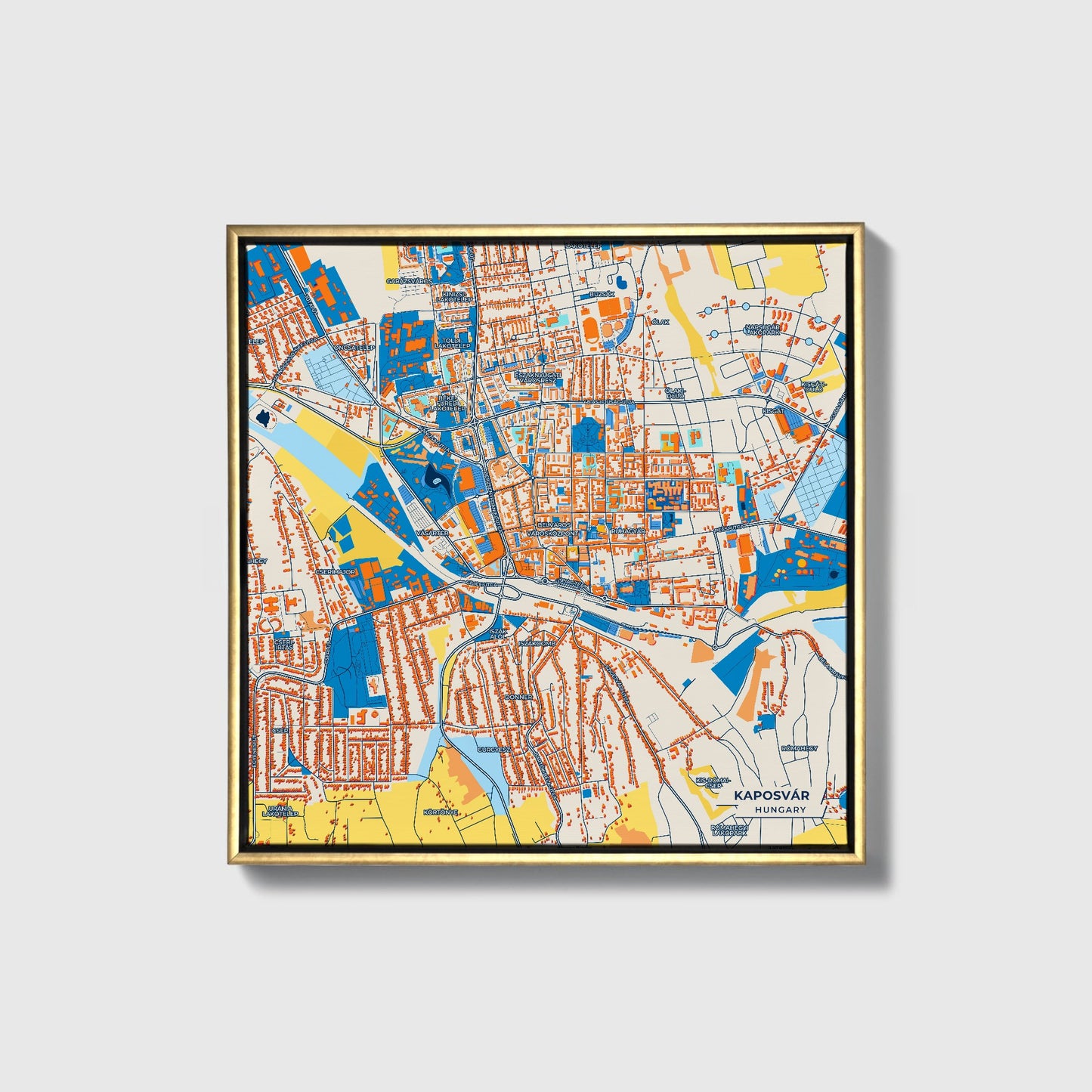 Kaposvár Hungary Colorful City Map Canvas Print • Gold Framed