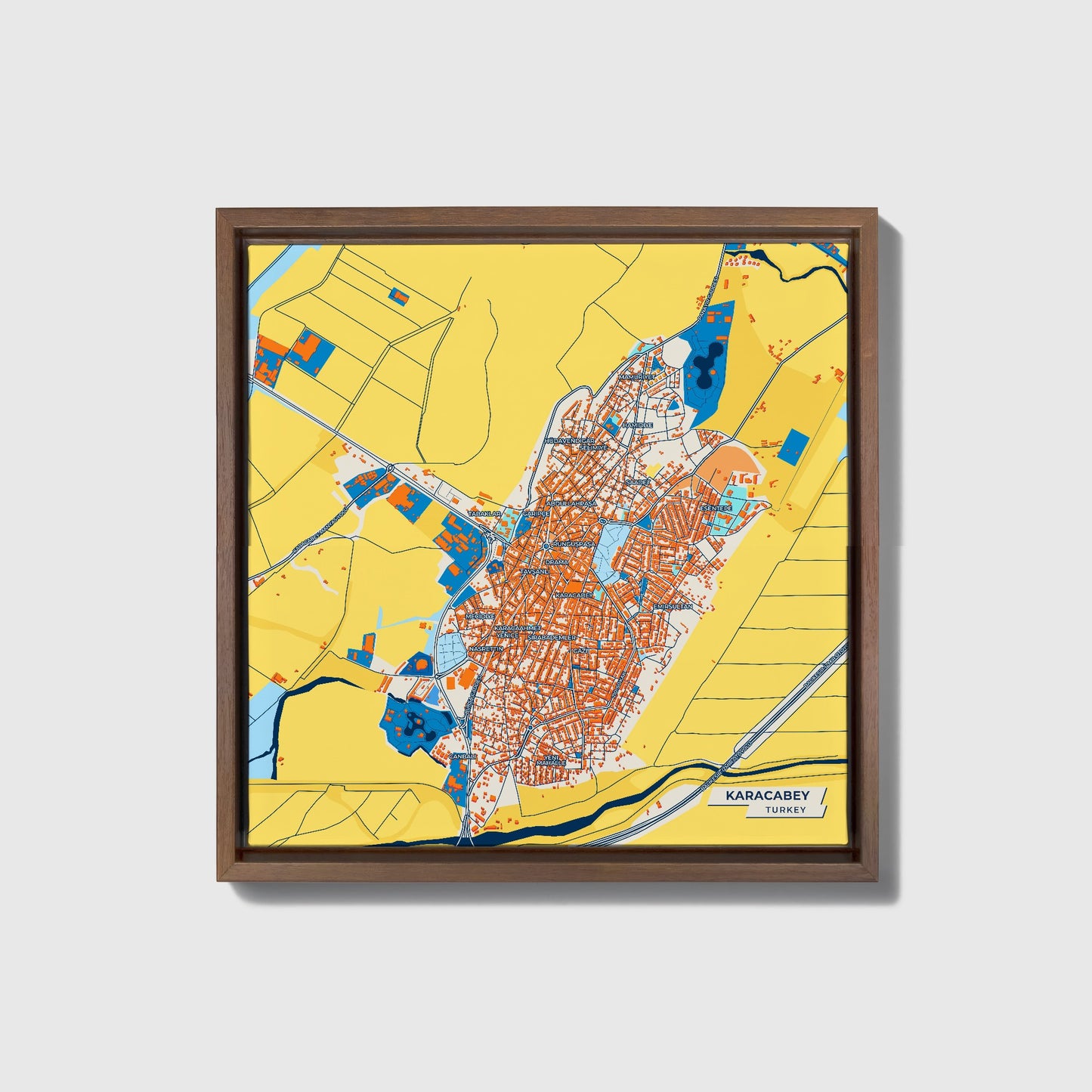 Karacabey Turkey Colorful City Map Canvas Print • Dark Wooden Framed