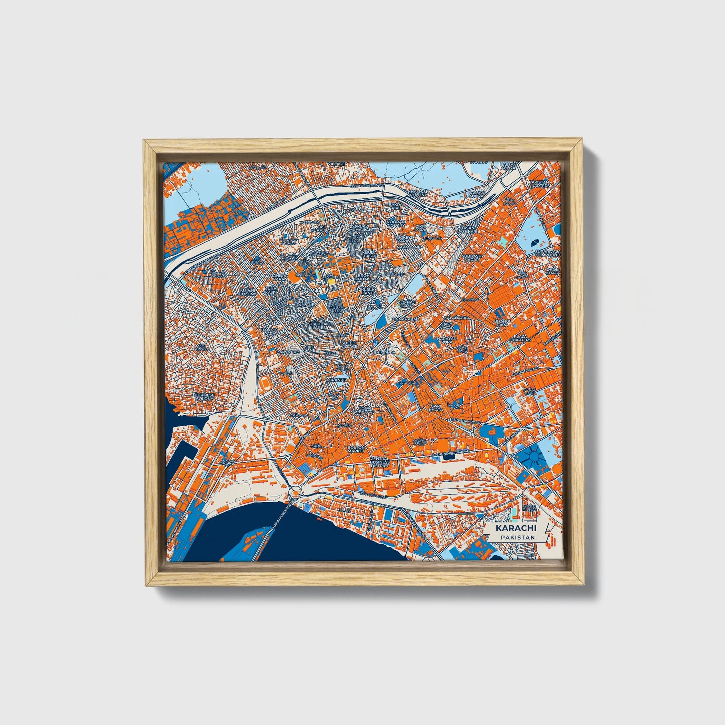 Karachi Pakistan Colorful City Map Canvas Print • Natural Wooden Framed