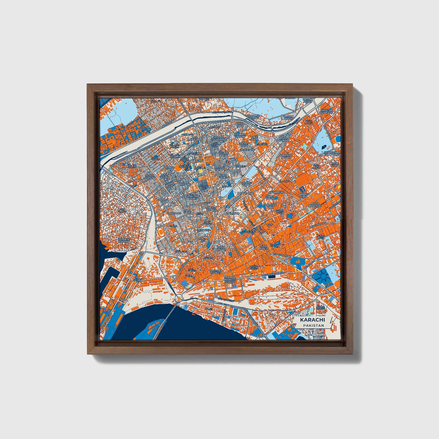 Karachi Pakistan Colorful City Map Canvas Print • Dark Wooden Framed