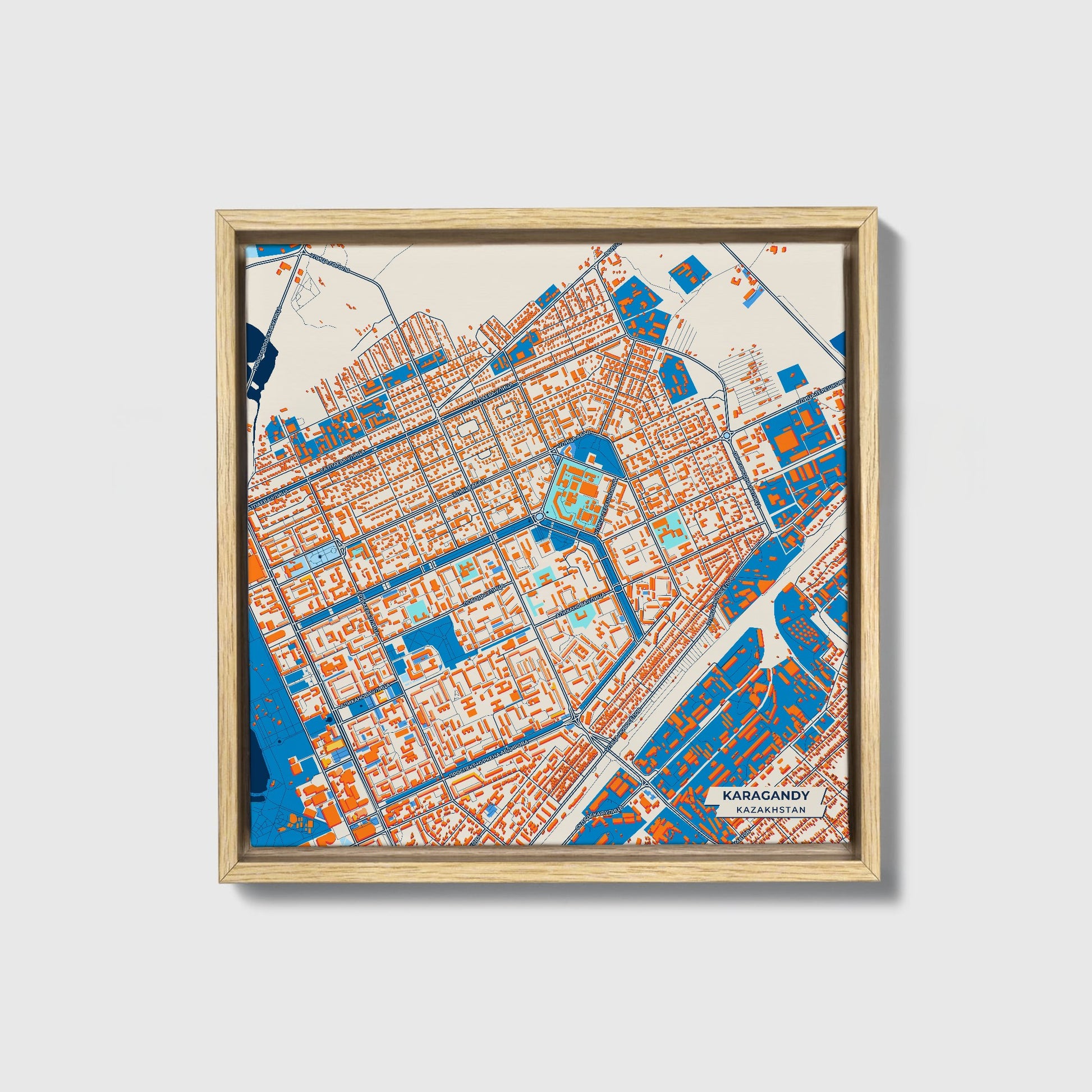 Karagandy Kazakhstan Colorful City Map Canvas Print • Natural Wooden Framed
