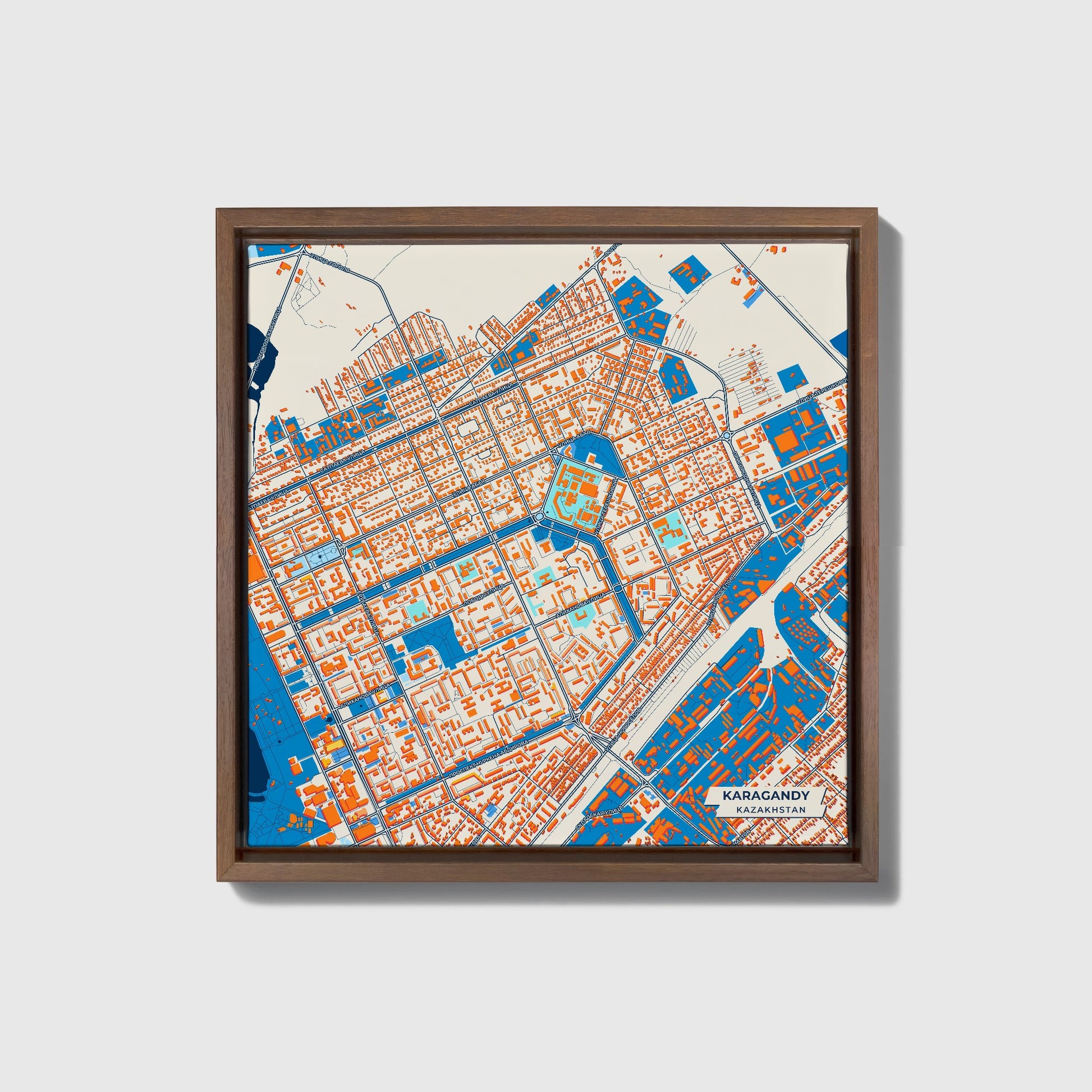 Karagandy Kazakhstan Colorful City Map Canvas Print • Dark Wooden Framed