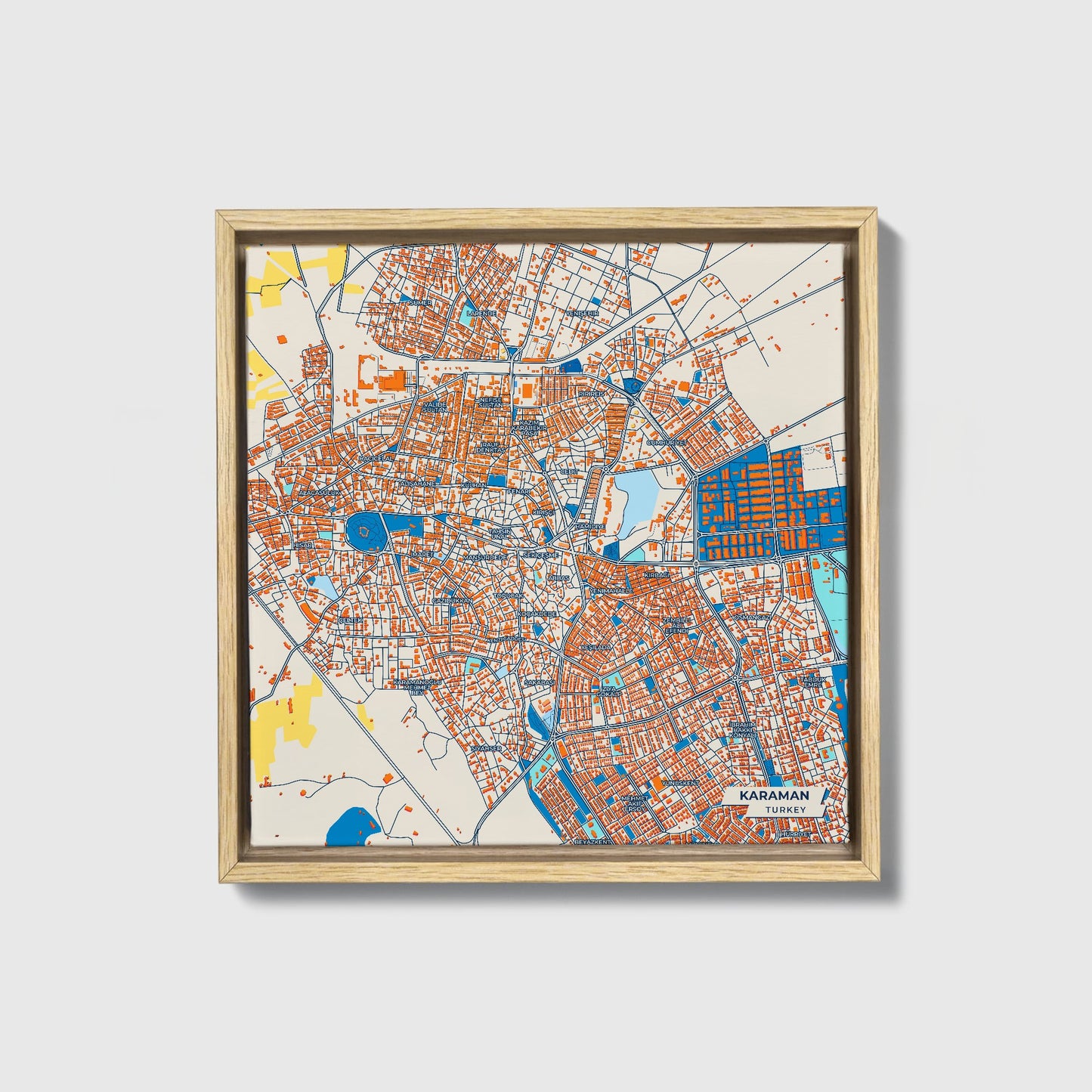 Karaman Turkey Colorful City Map Canvas Print • Natural Wooden Framed