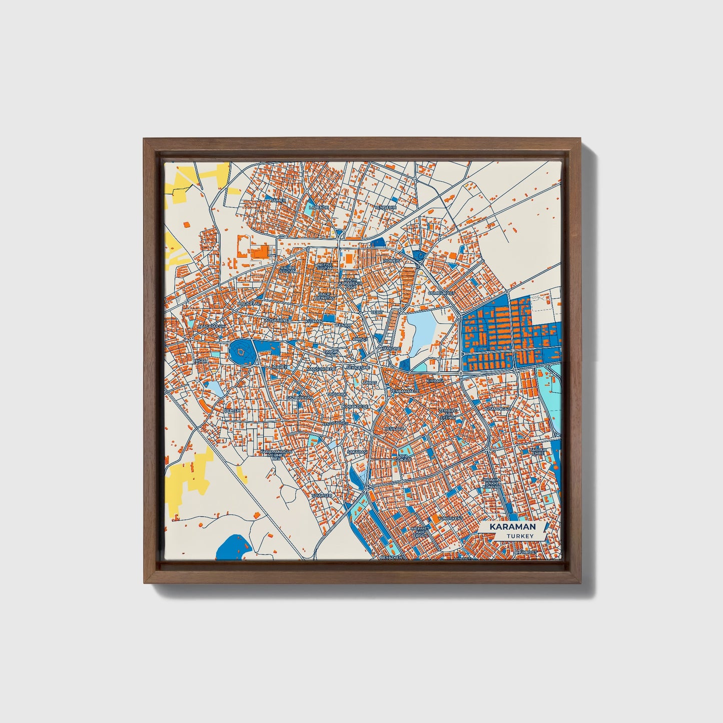 Karaman Turkey Colorful City Map Canvas Print • Dark Wooden Framed