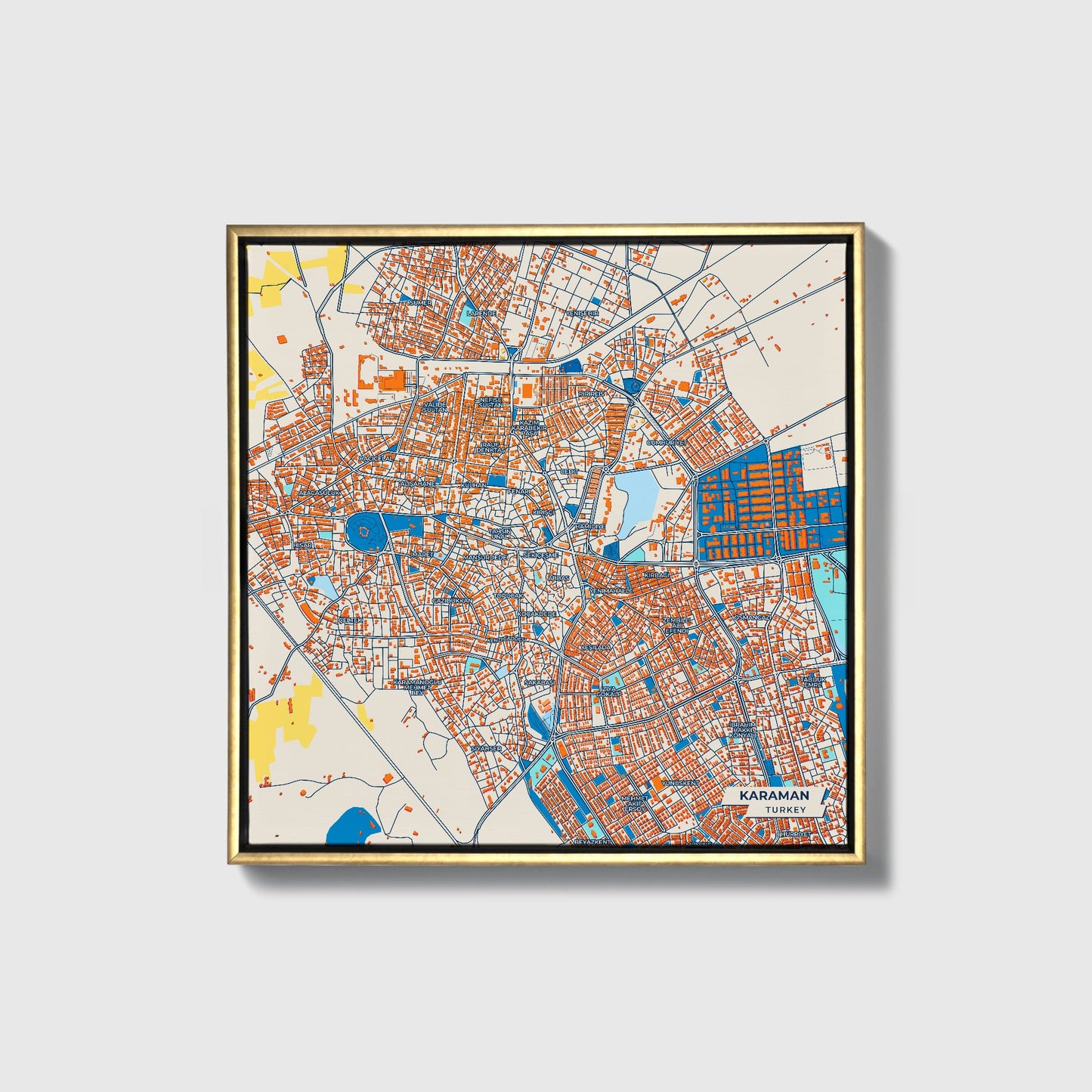 Karaman Turkey Colorful City Map Canvas Print • Gold Framed