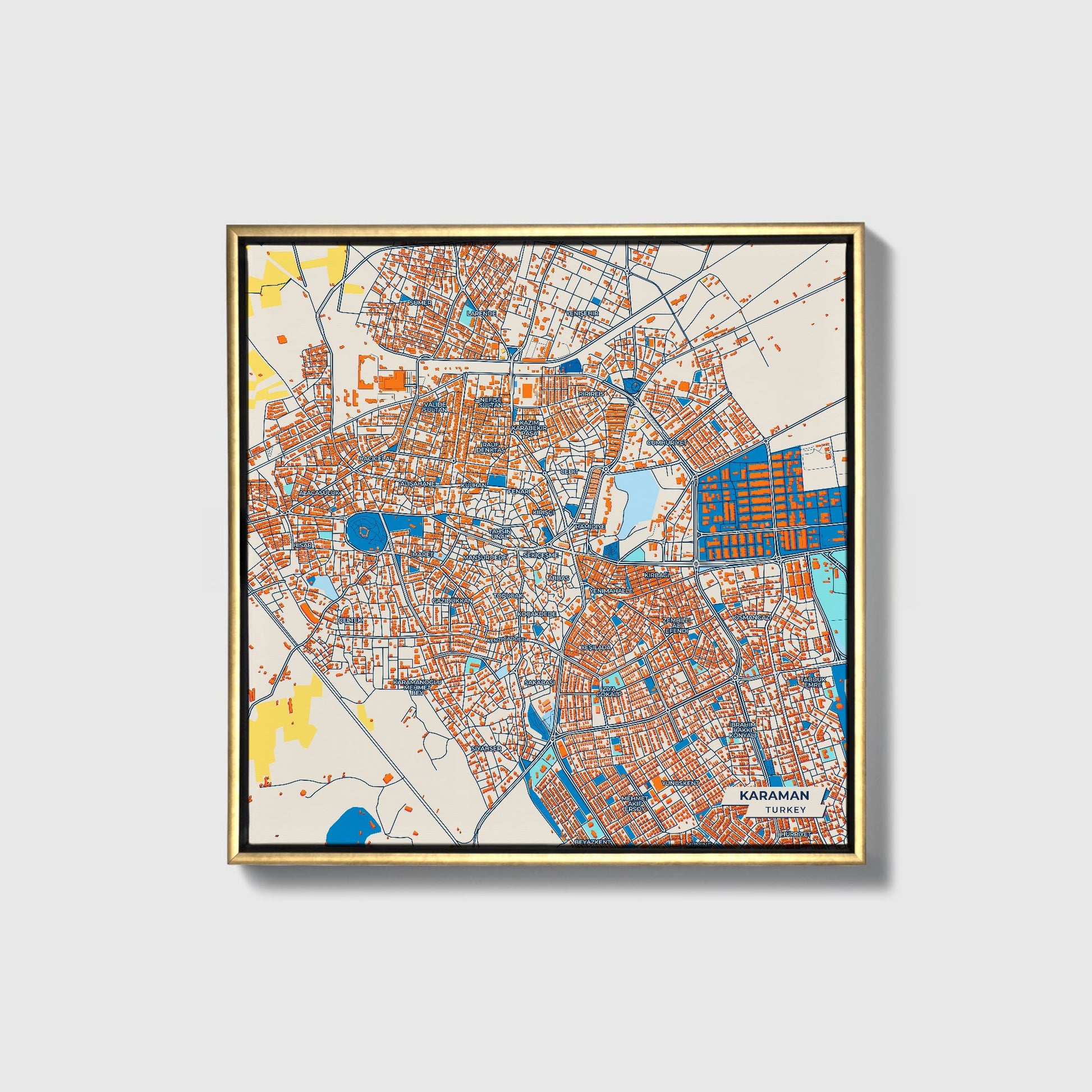Karaman Turkey Colorful City Map Canvas Print • Gold Framed