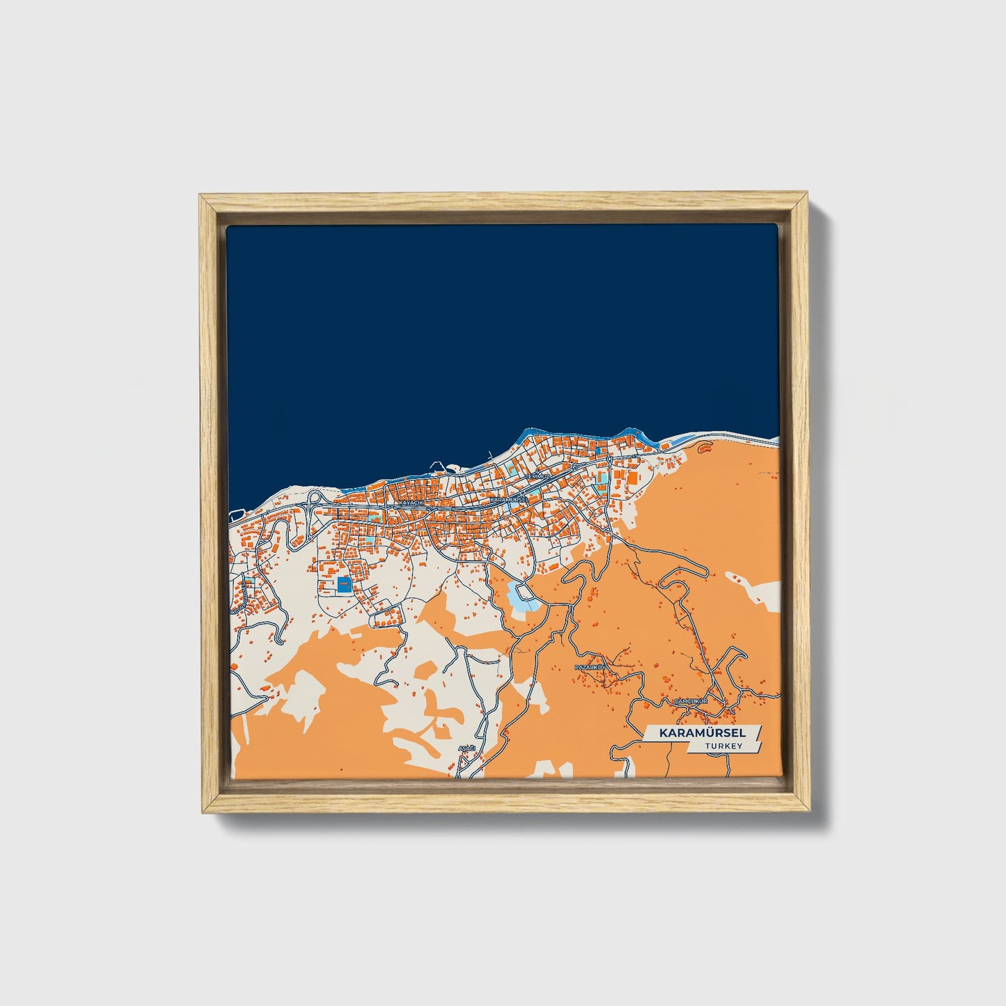 Karamürsel Turkey Colorful City Map Canvas Print • Natural Wooden Framed