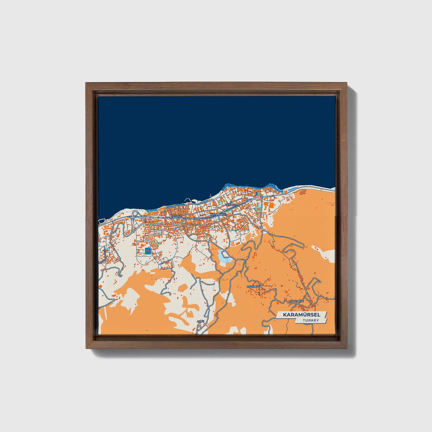 Karamürsel Turkey Colorful City Map Canvas Print • Dark Wooden Framed