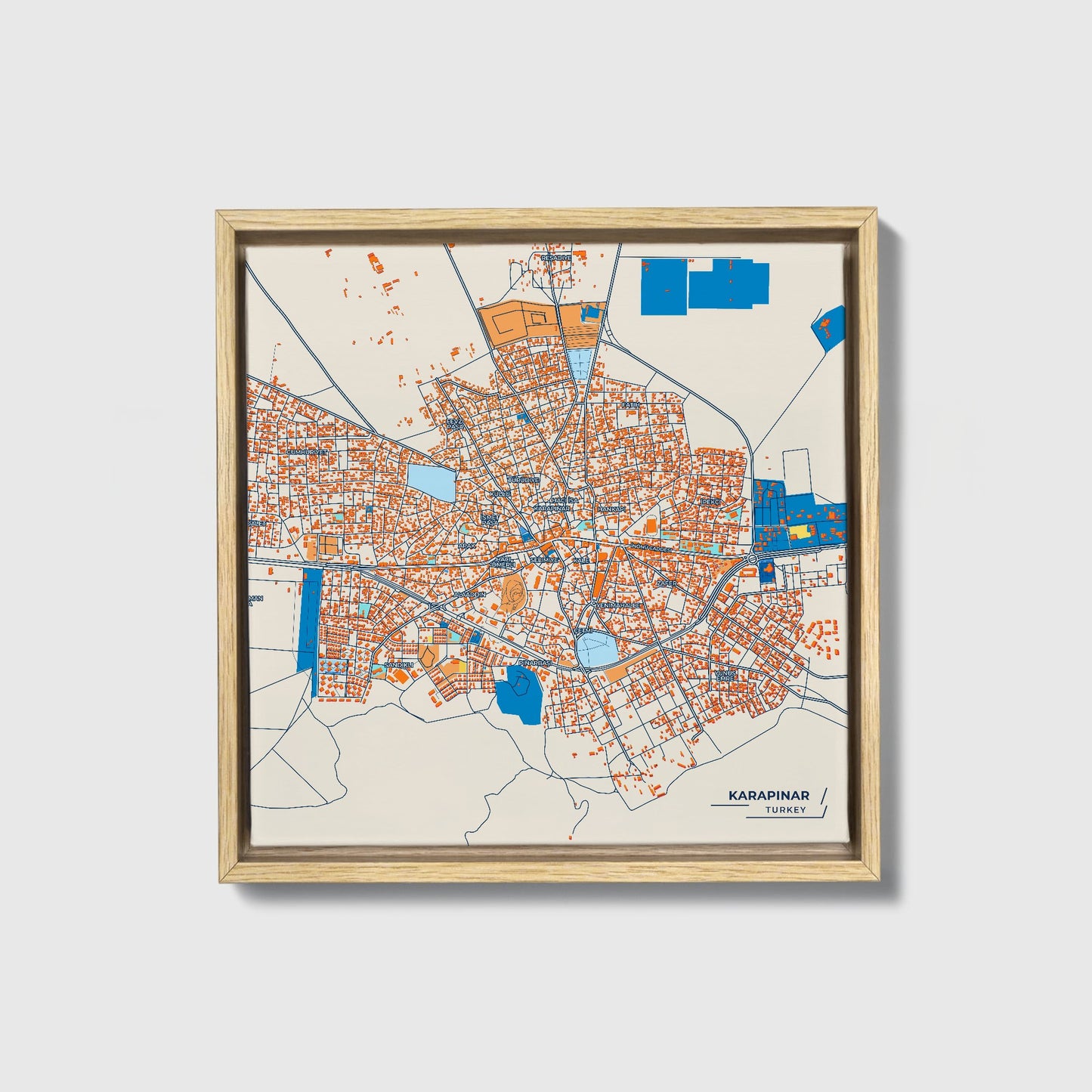 Karapinar Turkey Colorful City Map Canvas Print • Natural Wooden Framed