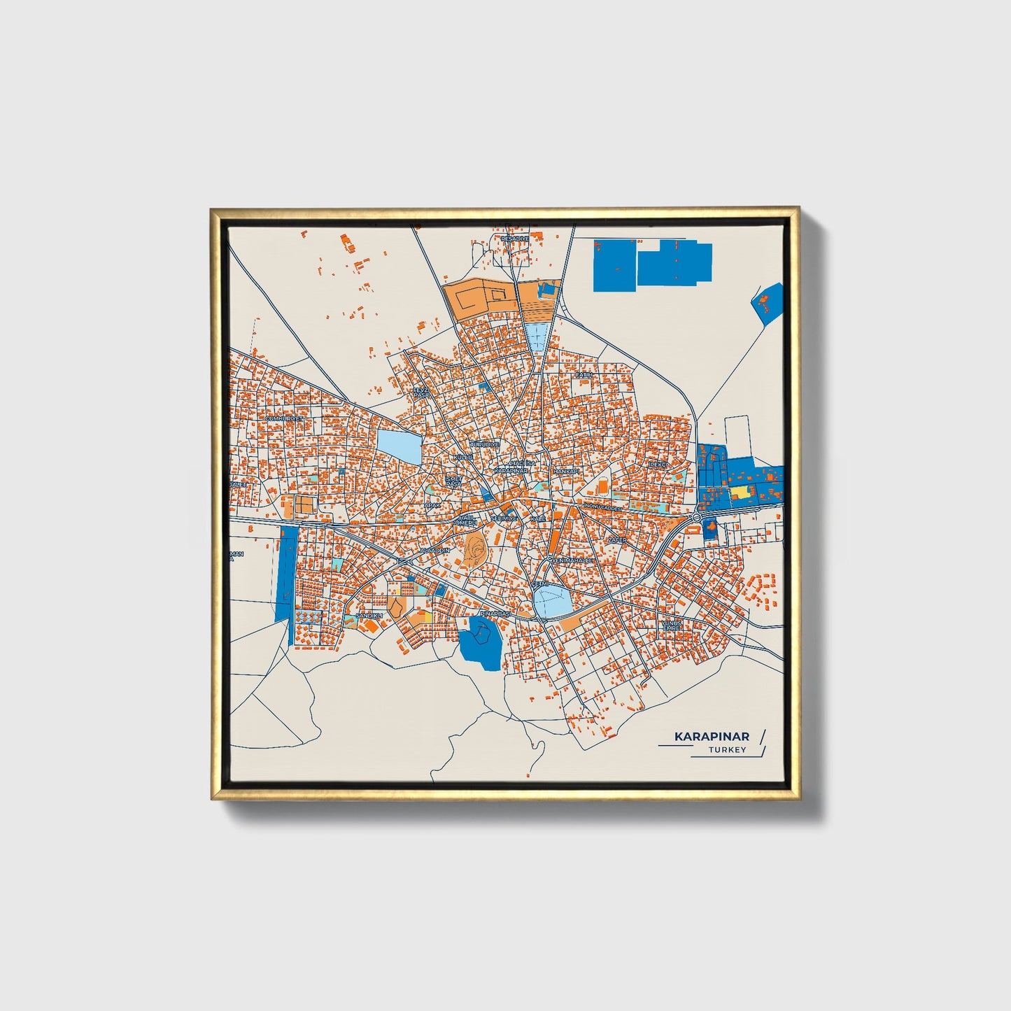 Karapinar Turkey Colorful City Map Canvas Print • Gold Framed