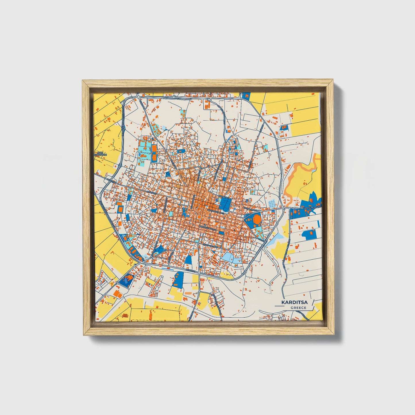 Καρδιτσα Greece Colorful City Map Canvas Print • Natural Wooden Framed