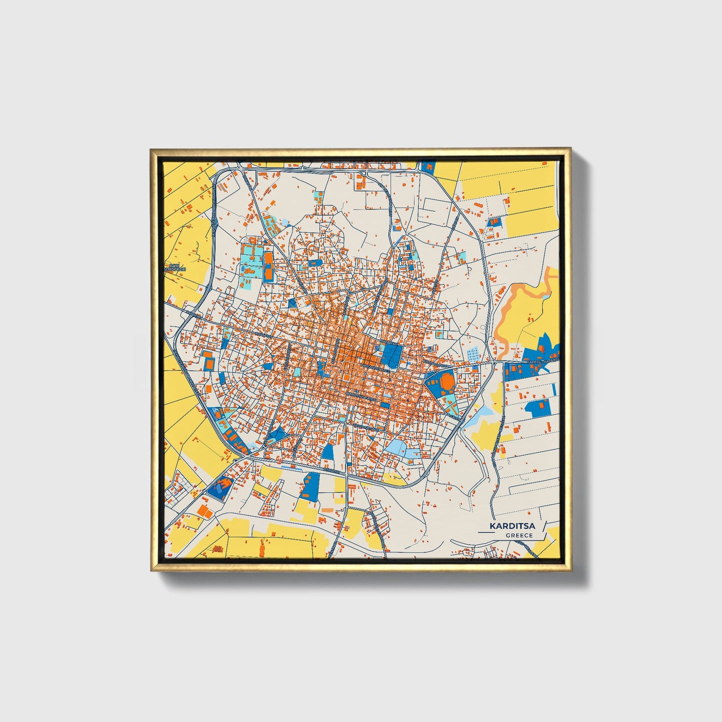 Καρδιτσα Greece Colorful City Map Canvas Print • Gold Framed