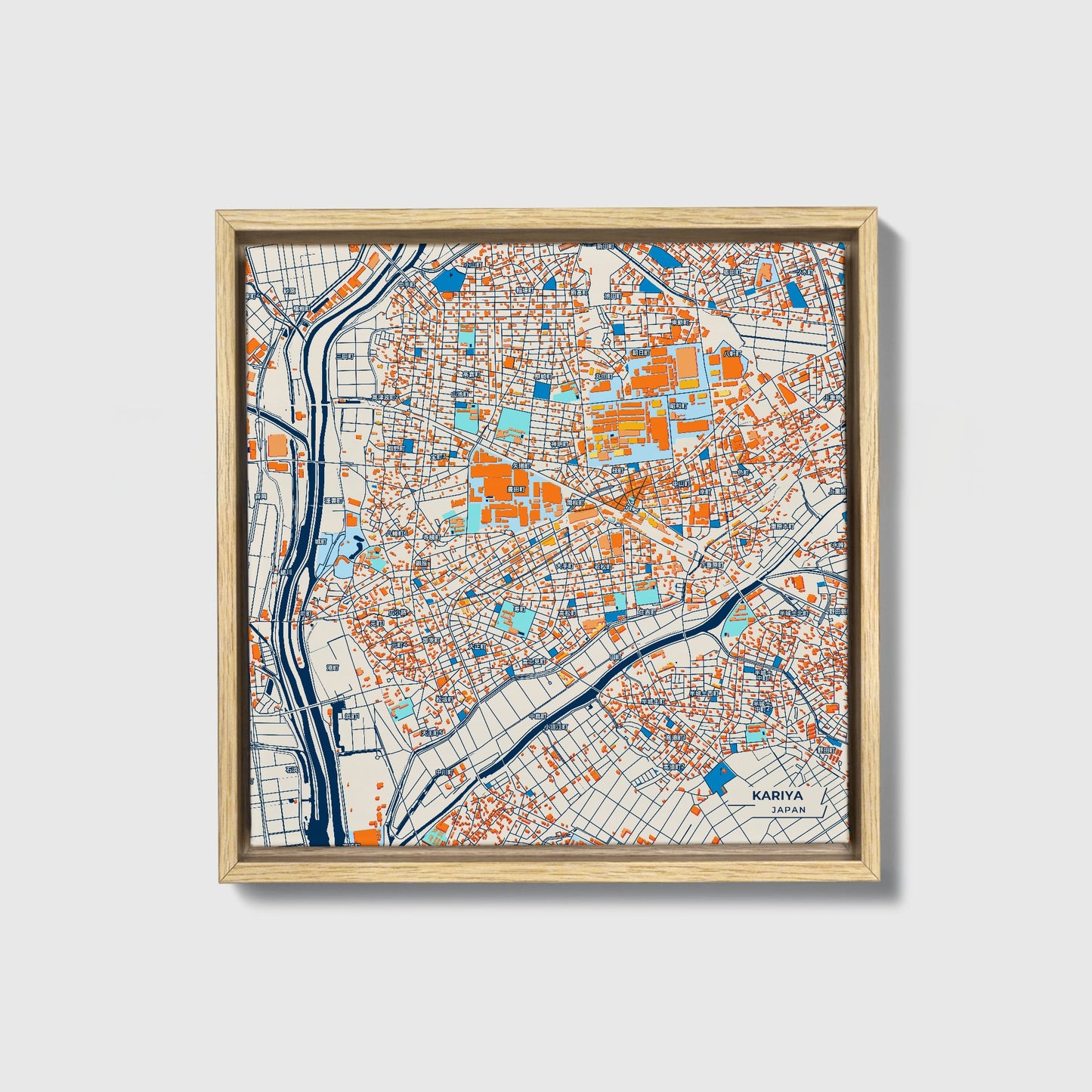Kariya Japan Colorful City Map Canvas Print • Natural Wooden Framed