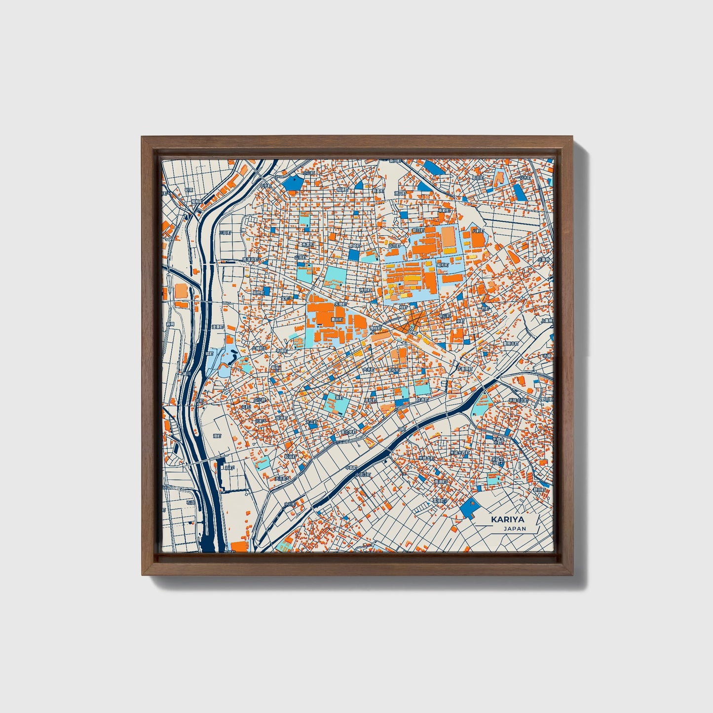 Kariya Japan Colorful City Map Canvas Print • Dark Wooden Framed