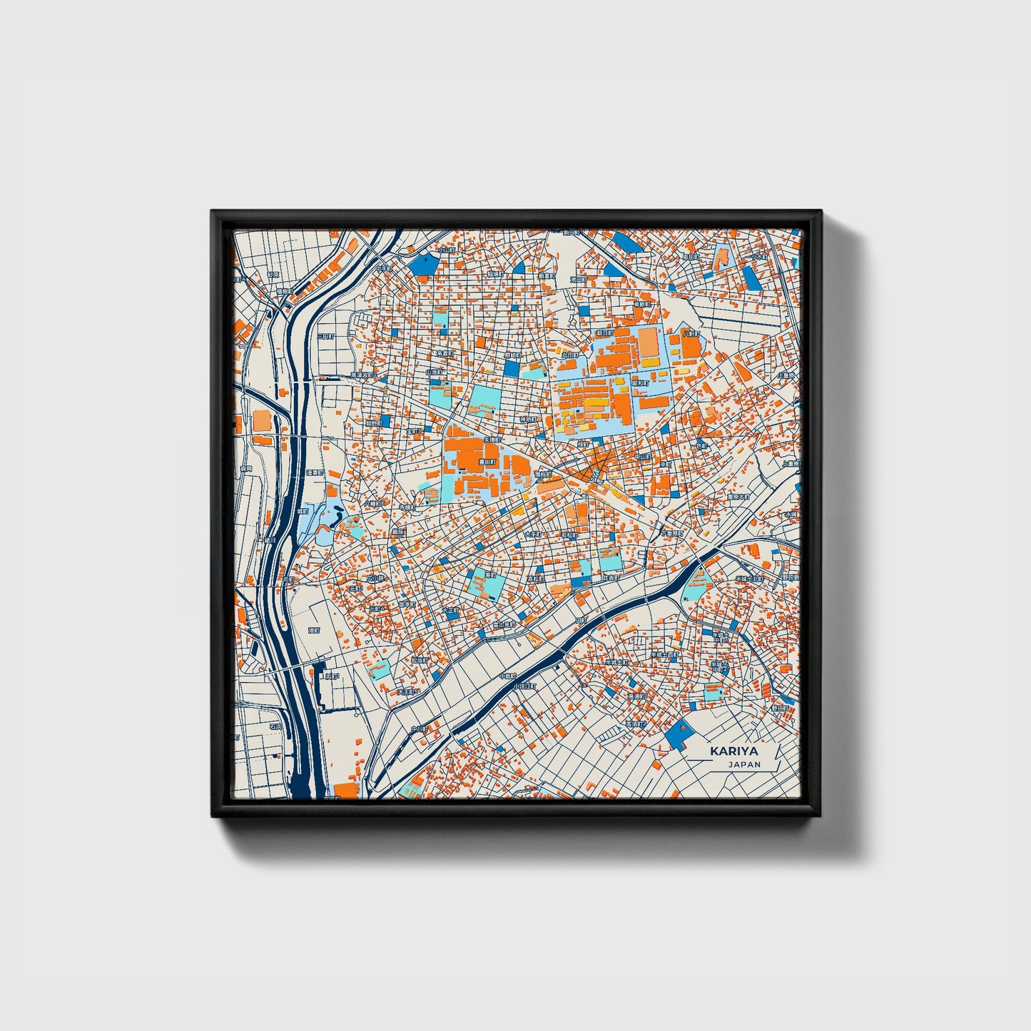Kariya Japan Colorful City Map Canvas Print • Black Framed