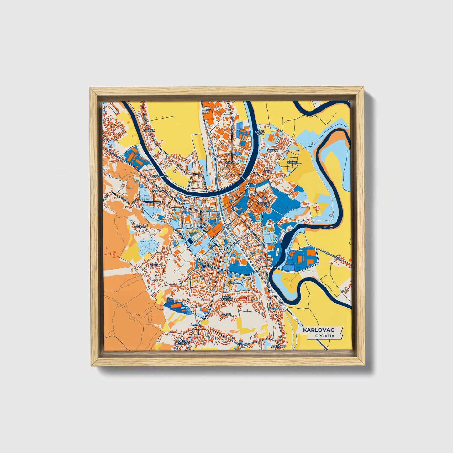 Karlovac Croatia Colorful City Map Canvas Print • Natural Wooden Framed