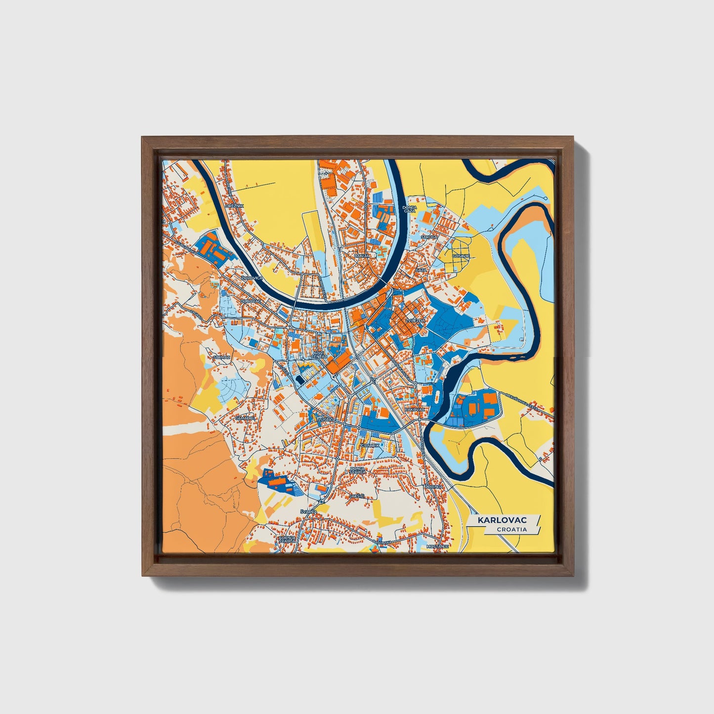Karlovac Croatia Colorful City Map Canvas Print • Dark Wooden Framed