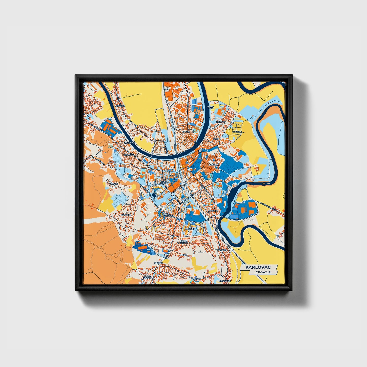 Karlovac Croatia Colorful City Map Canvas Print • Black Framed