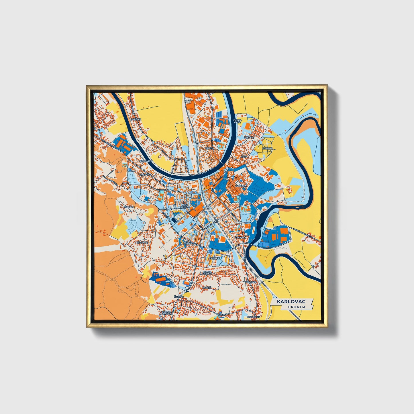 Karlovac Croatia Colorful City Map Canvas Print • Gold Framed
