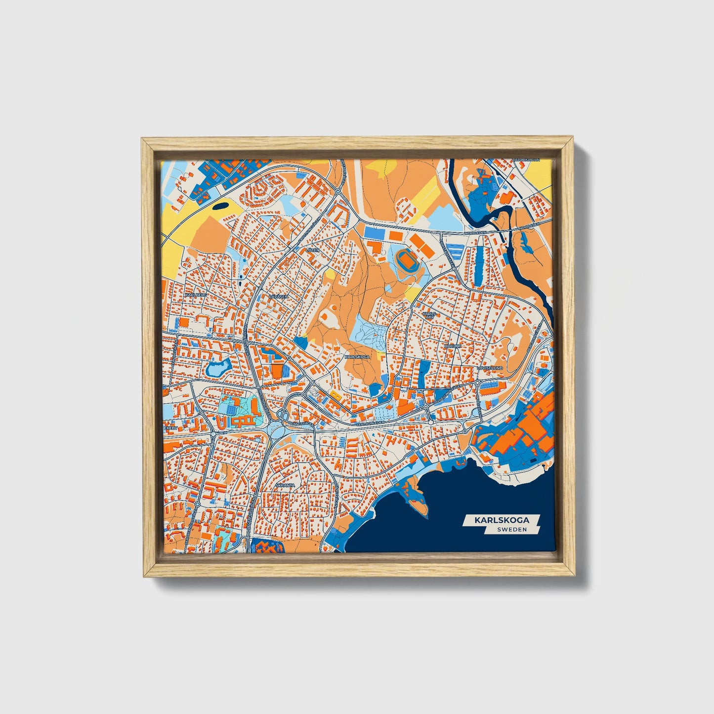 Karlskoga Sweden Colorful City Map Canvas Print • Natural Wooden Framed