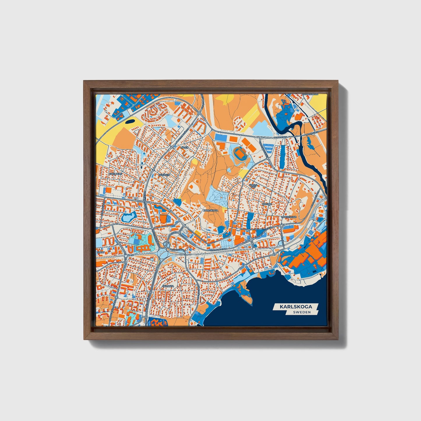 Karlskoga Sweden Colorful City Map Canvas Print • Dark Wooden Framed