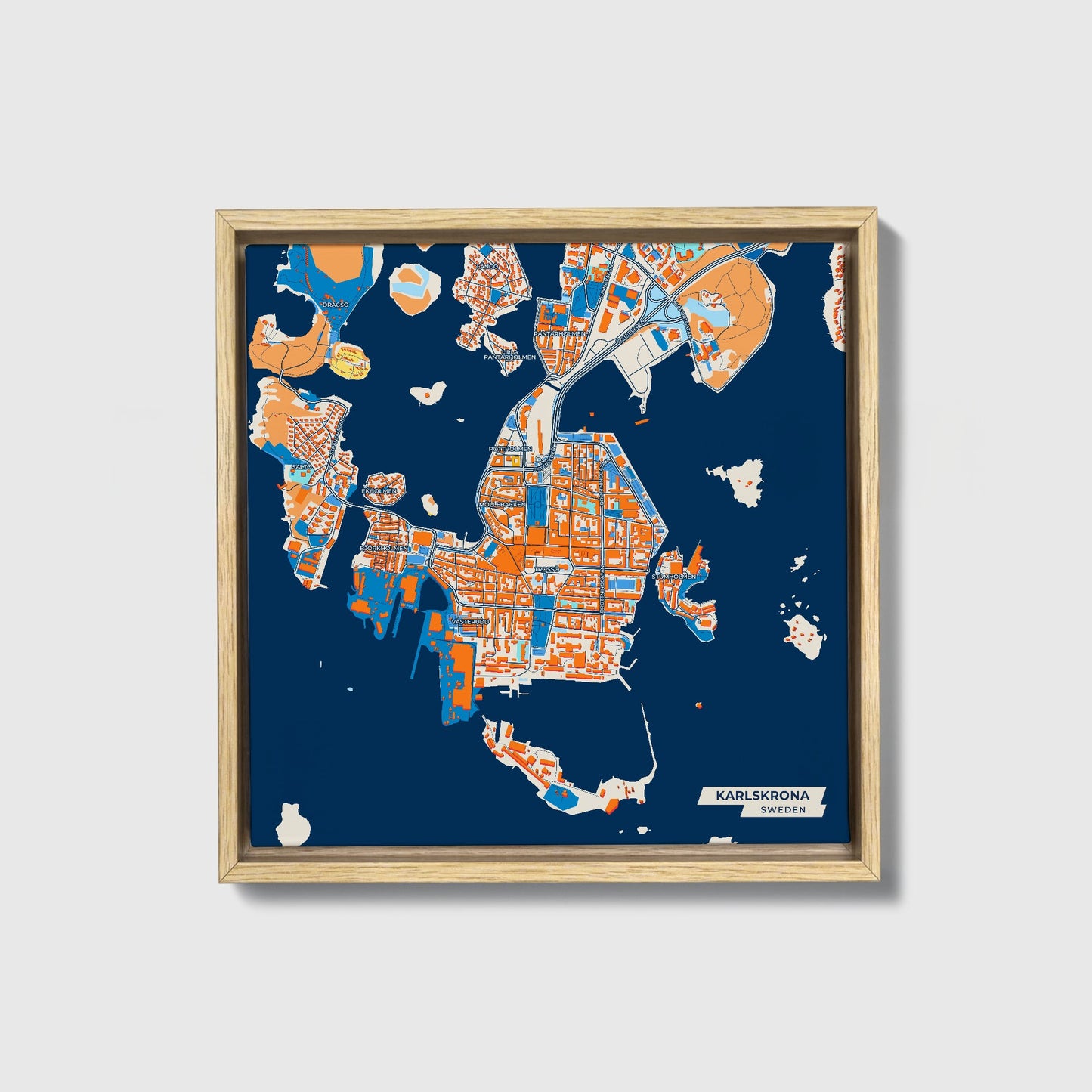 Karlskrona Sweden Colorful City Map Canvas Print • Natural Wooden Framed